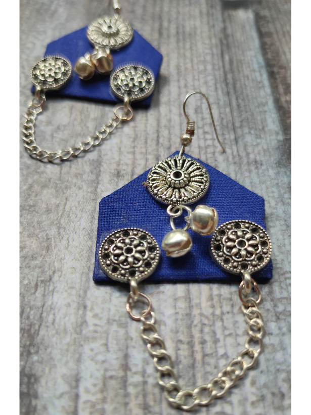 Elegant Ink Blue Fabric Dangler Earrings with Metal Chain String