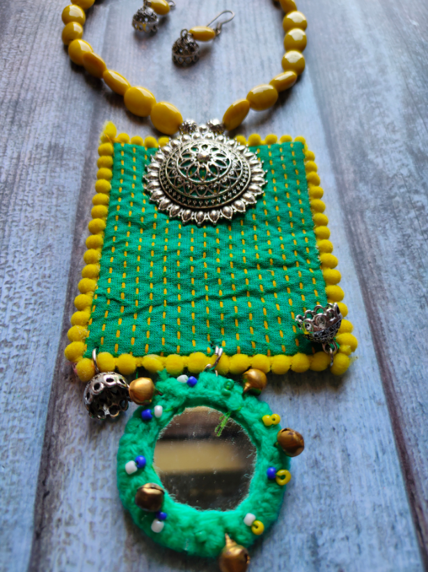 Green Kantha Work Necklace Set with Warrior Metal Pendant and Stones
