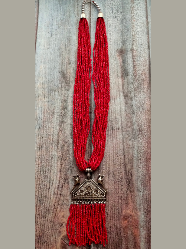 Red Multi Layer Beaded Strands Necklace with Metal Birds Pendant