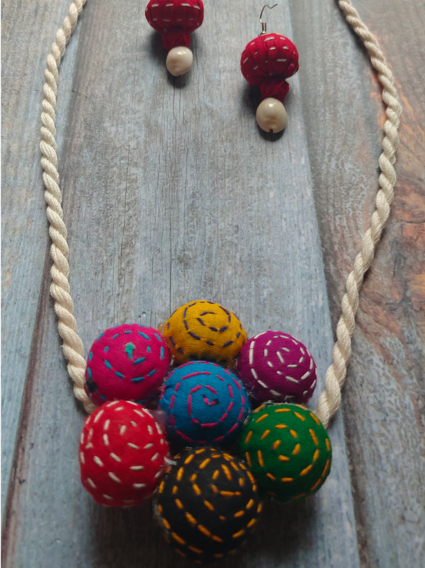 Kantha Work Fabric Necklace Set with Rope Closure and Shell Earrings
