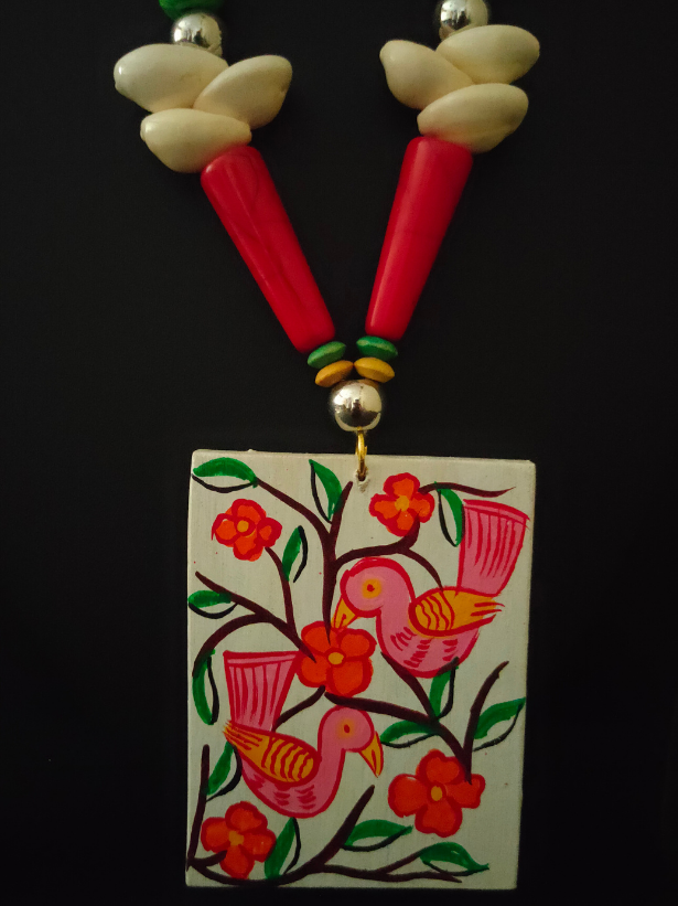 Hand Painted Birds Ceramic Necklace Set with Black Thread Closure