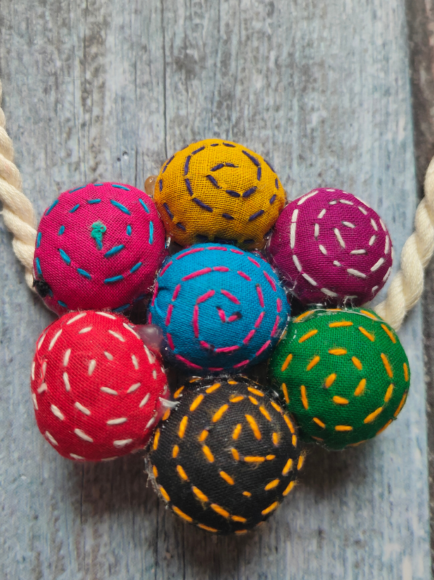 Kantha Work Fabric Necklace Set with Rope Closure and Shell Earrings