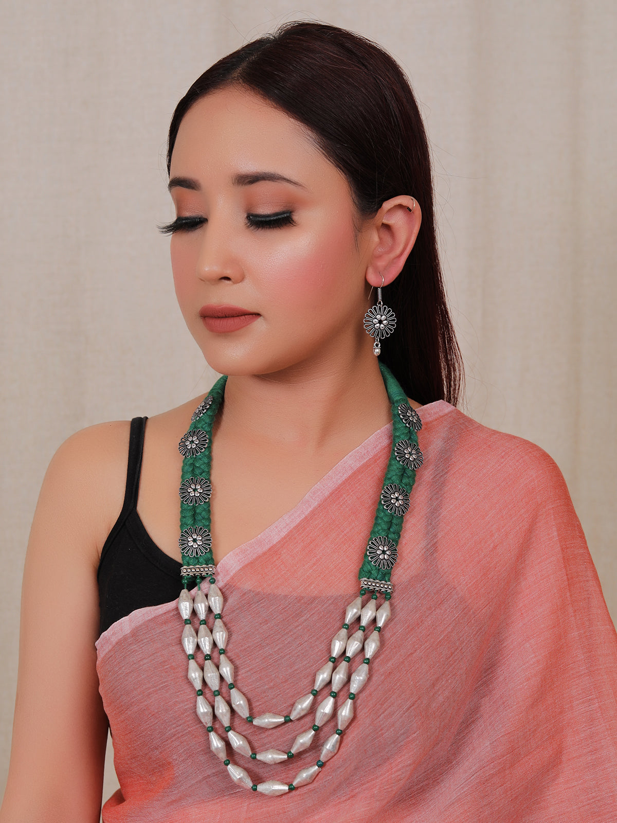 Dholki Beads Flower Motifs Braided Necklace Set