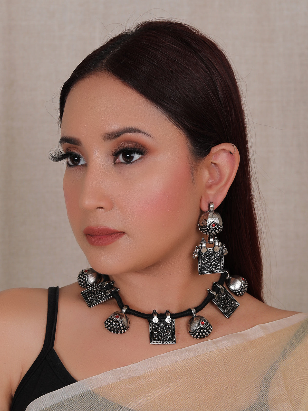 Square and Dome Shaped Metal Embellishments Oxidised Finish Adjustable Length Choker Necklace Set