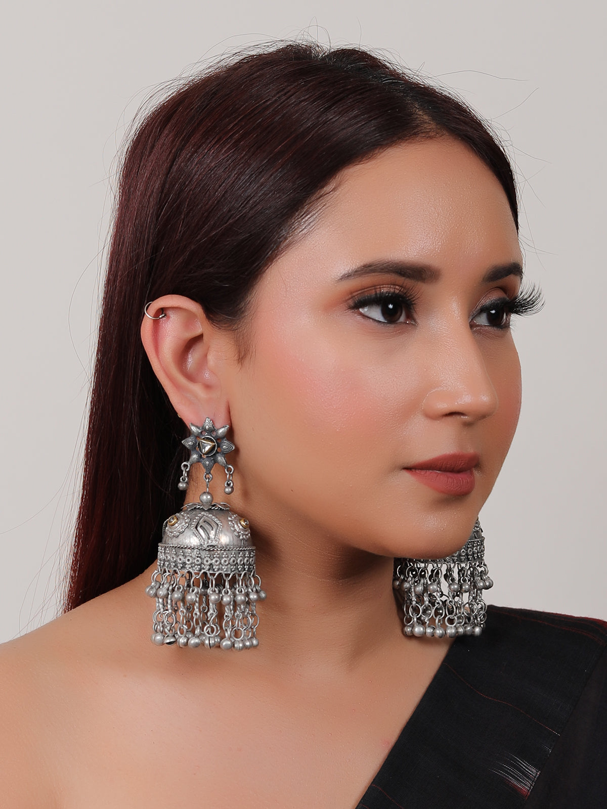 Oxidised Finish Statement Long Jhumka Earrings
