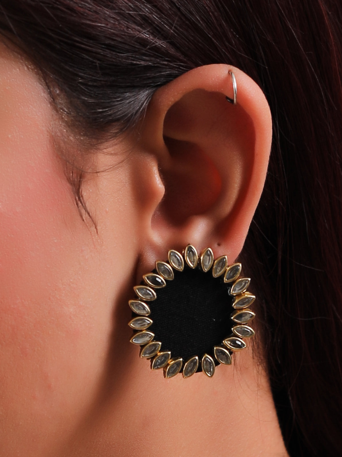 Kundan Stones Embellished Black Fabric Gold Toned Stud Earrings