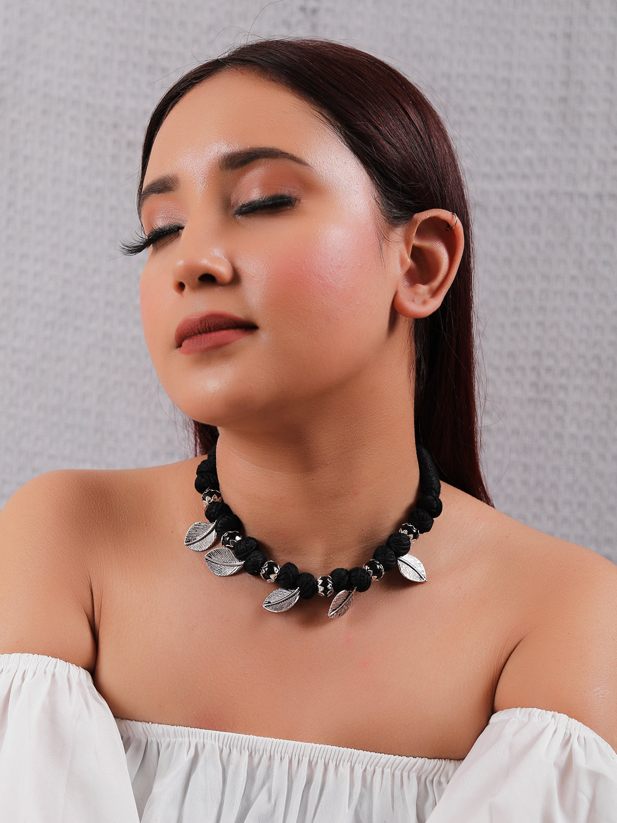 Delicate Leaf Charms Fabric Beads Black Thread Braided Necklace