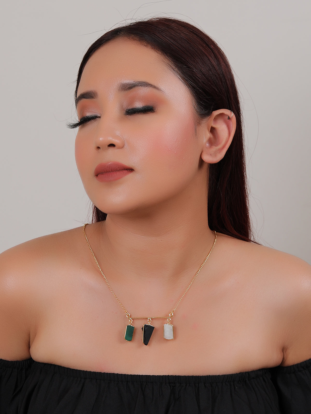 3 Multi-Color Raw Natural Gemstones Embedded Gold Finish Chain Necklace