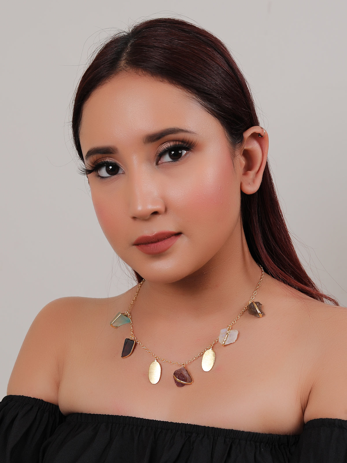 Multi-Color Raw Cut Natural Gemstones Embedded Gold Finish Chain Necklace