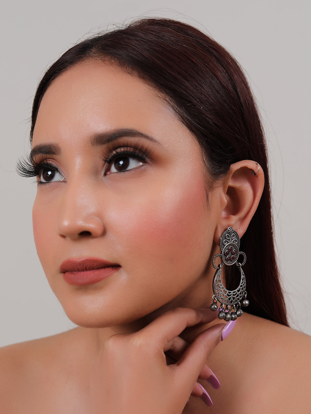 Silver Finish Pink Stones Embedded Silver Earring Embellished with Ghungroo Beads