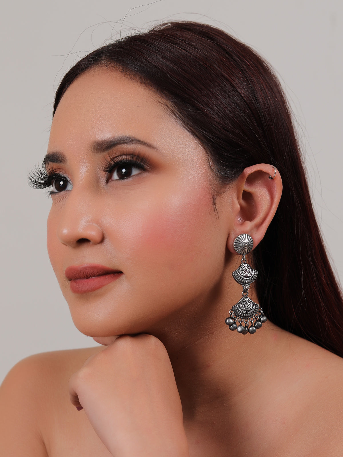 3 Layer Oxidised Finish Metal Dangler Earrings Embellished with Ghungroo Beads