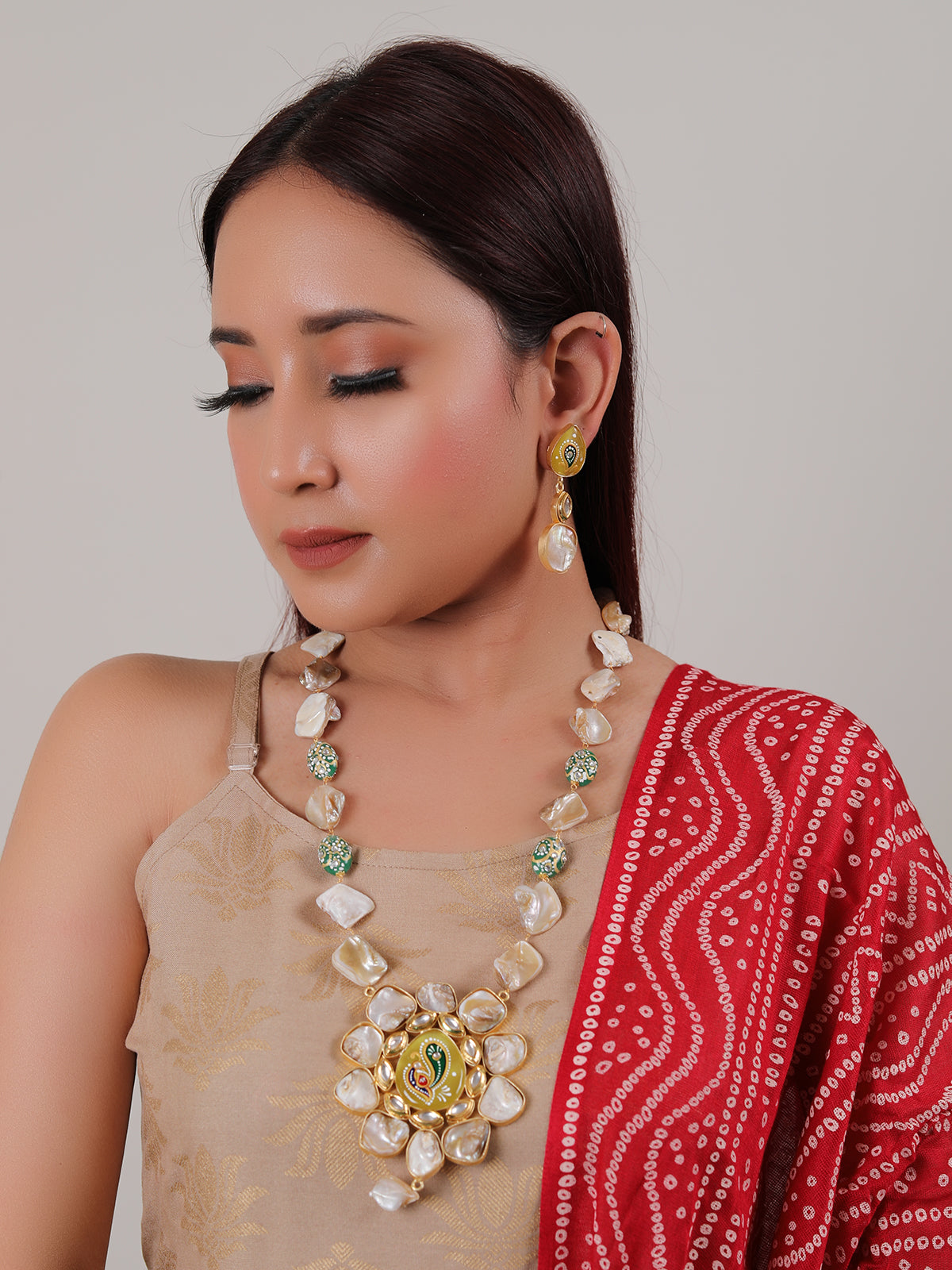 Baroque Pearl Natural Gemstones Embedded Statement Meenakari Work and Kundan Stones Pendant Elaborate Ethnic Necklace Set