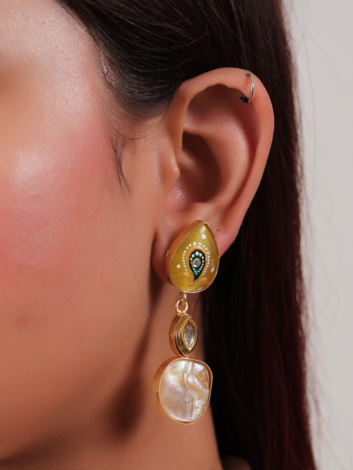 Baroque Pearl Natural Gemstones Embedded Statement Meenakari Work and Kundan Stones Pendant Elaborate Ethnic Necklace Set