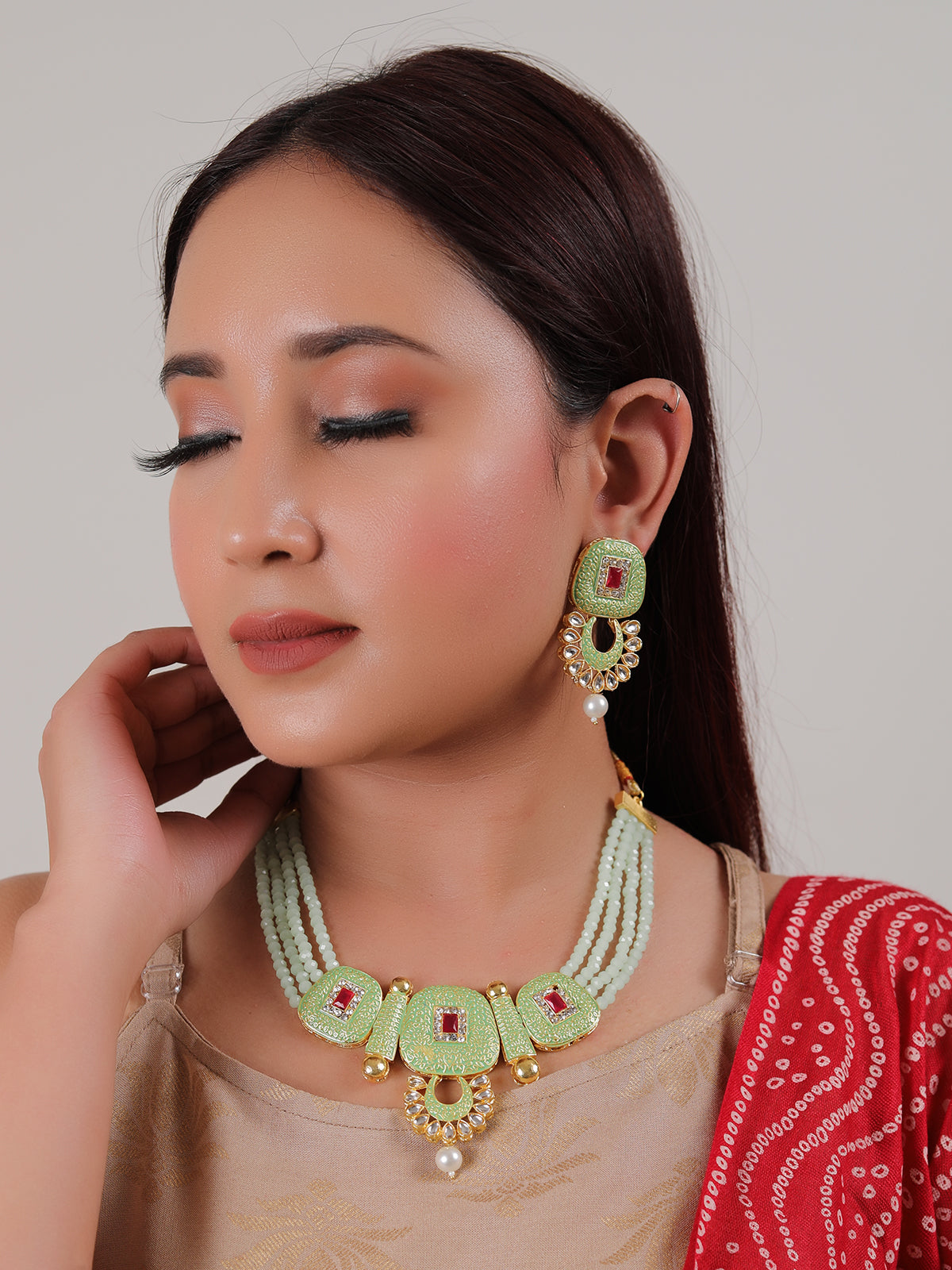 Elaborate Meenakari and Kundan Work Mint Green Hand Painted Necklace Set