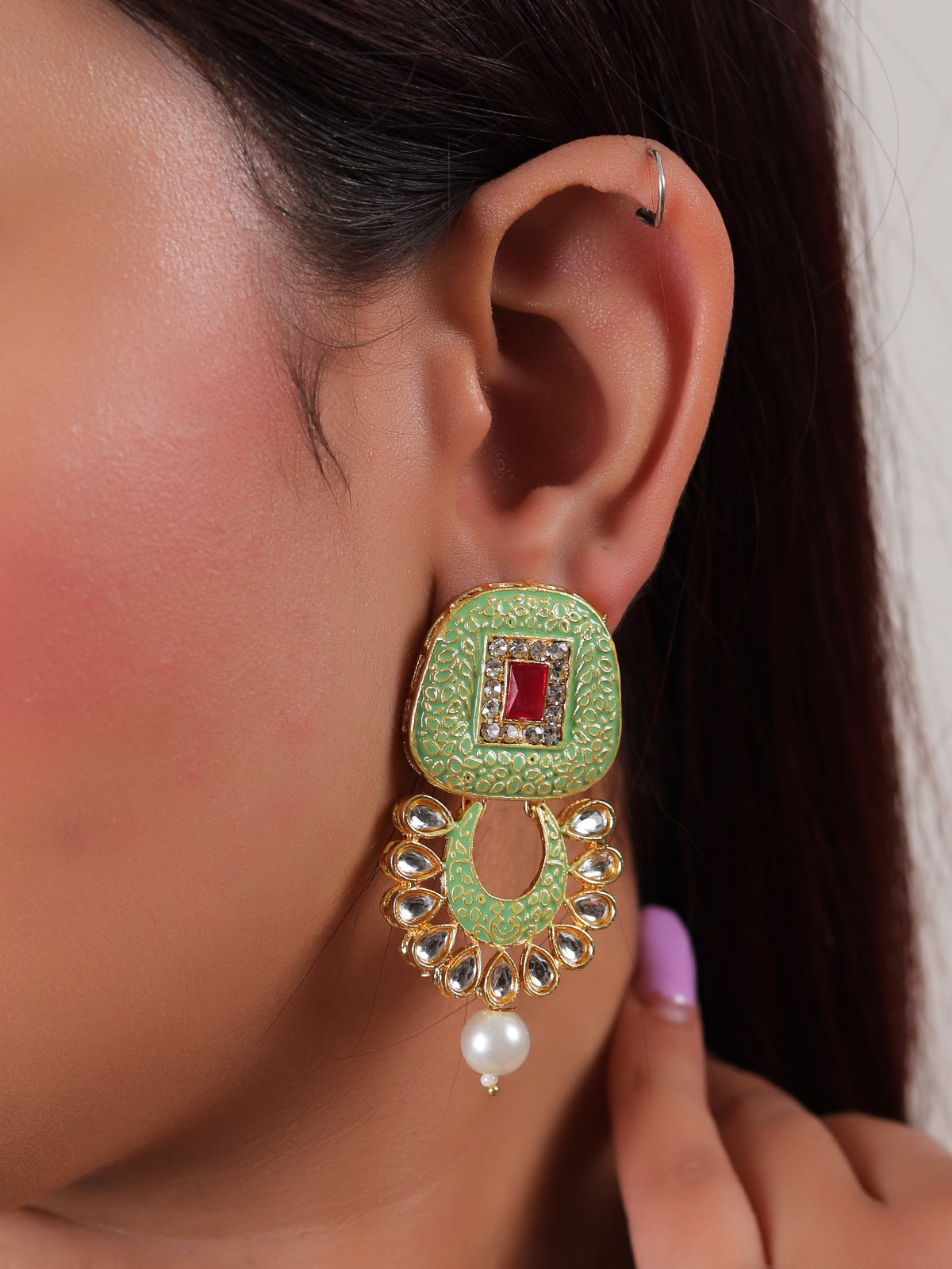 Elaborate Meenakari and Kundan Work Mint Green Hand Painted Necklace Set