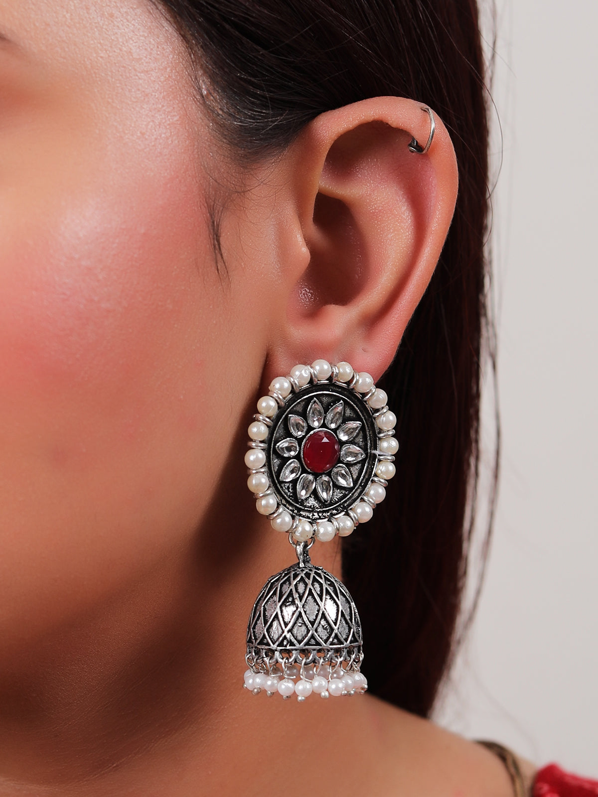 Kundan Stones Embedded Flower Shape Premium Oxidised Finish Jhumka Earrings
