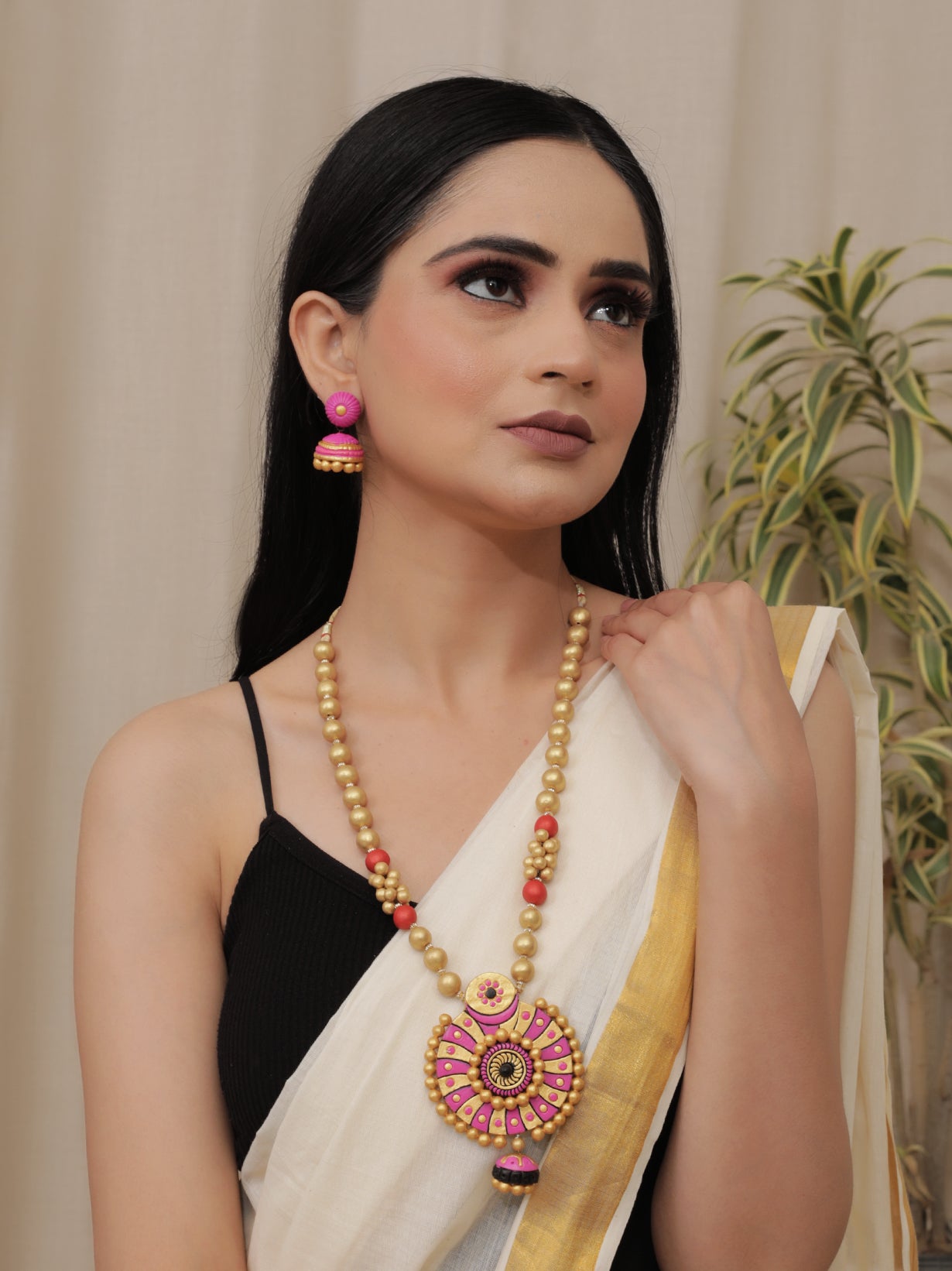 Handcrafted Pink & Golden Terracotta Necklace Set