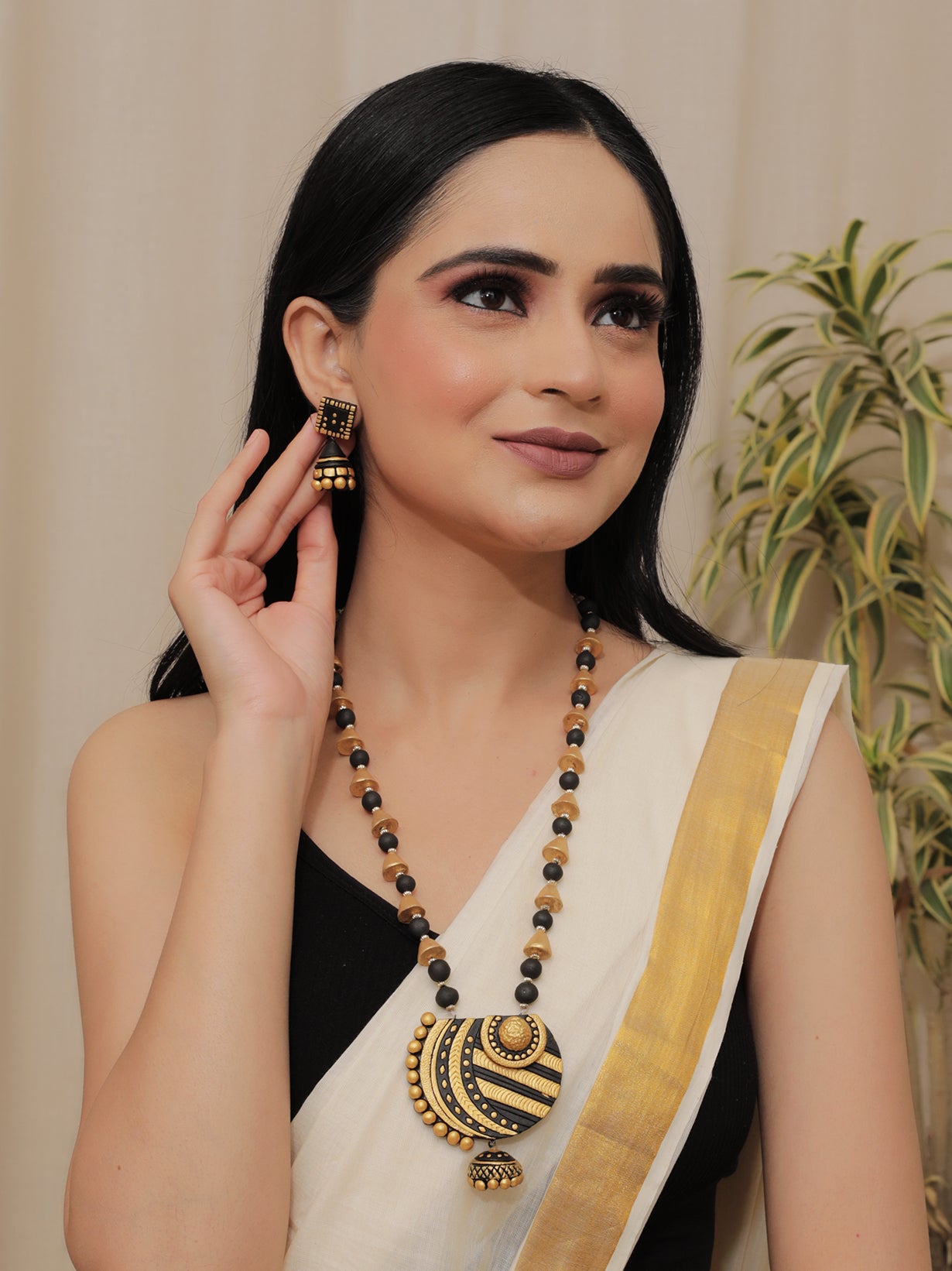 Handcrafted Black & Golden Terracotta Necklace Set