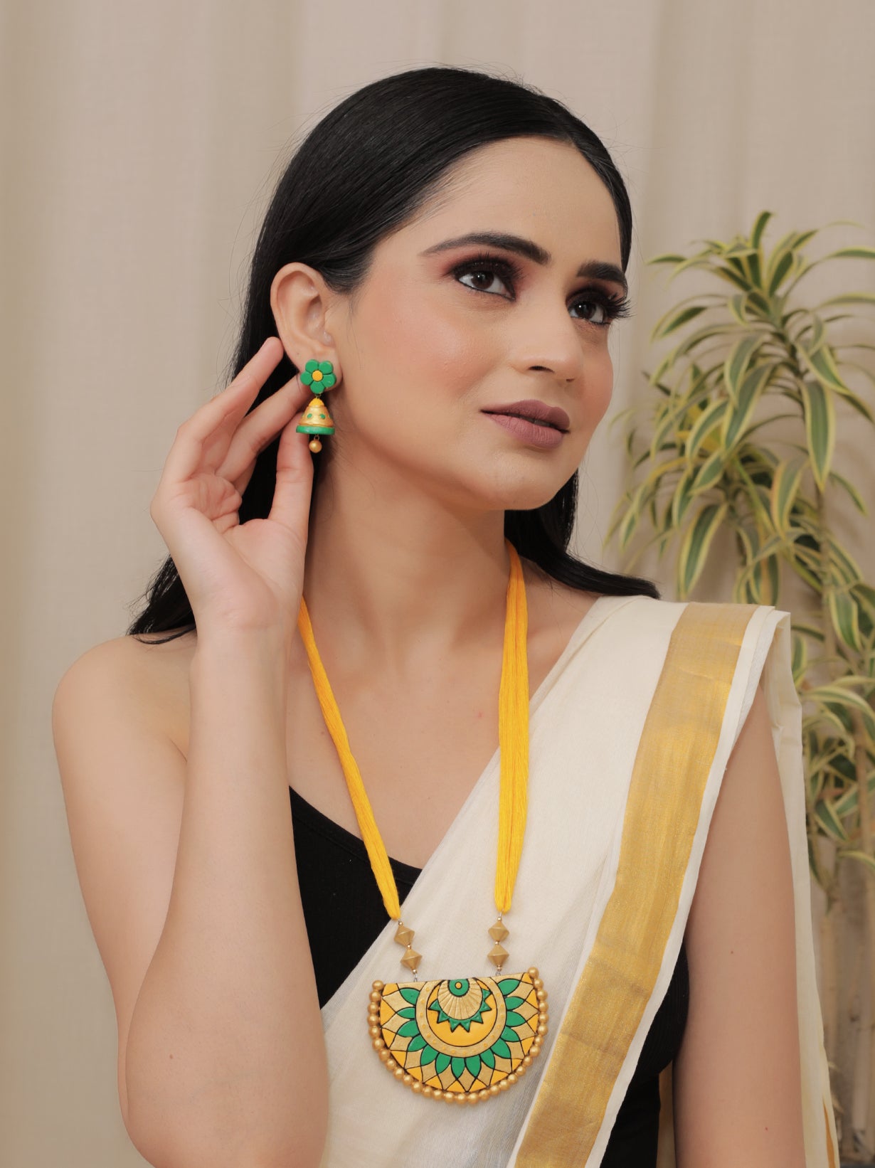 Yellow Arc Shaped Terracotta Necklace Set