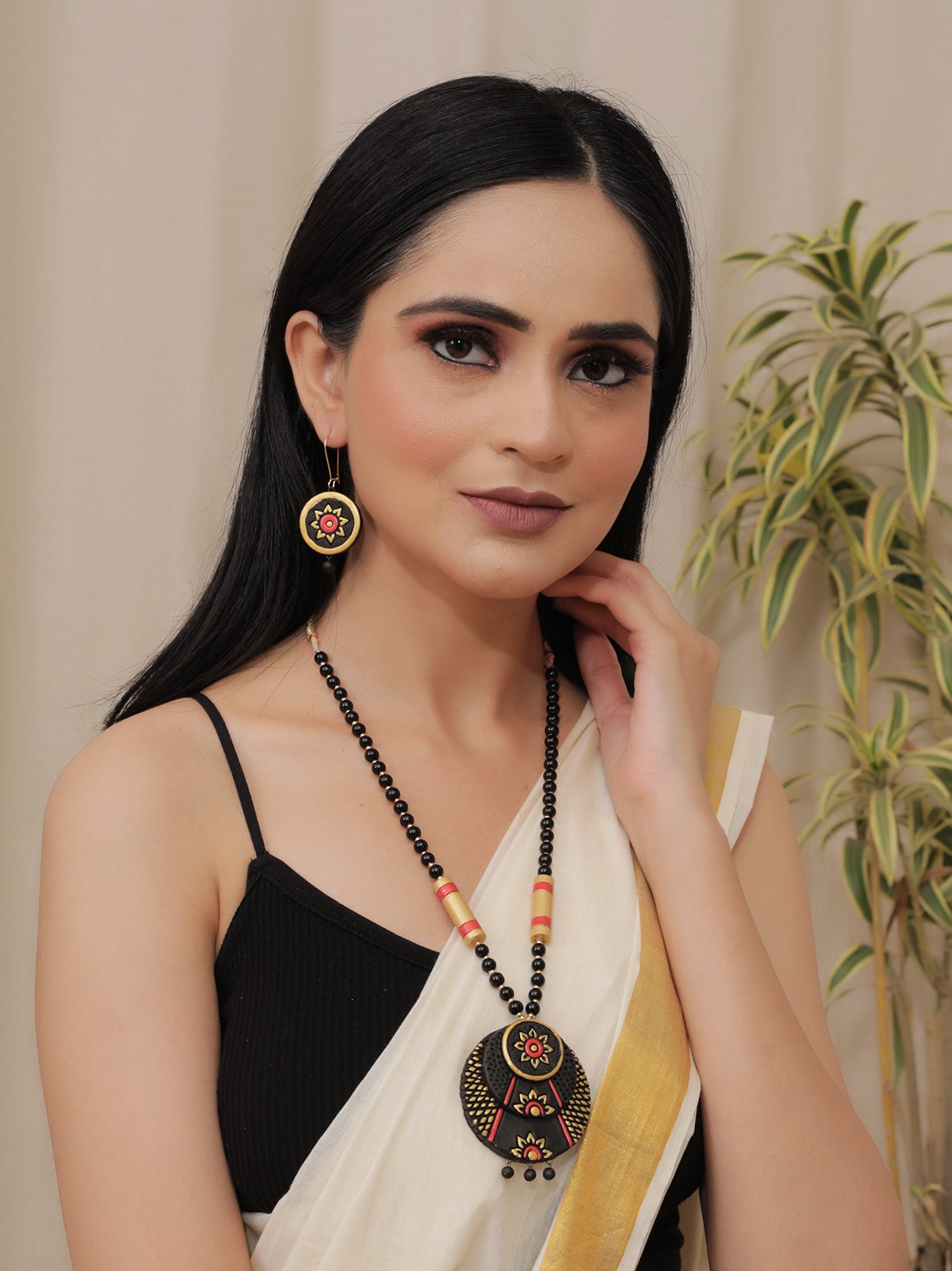 Elegant Handcrafted Black & Golden Terracotta Clay Necklace Set