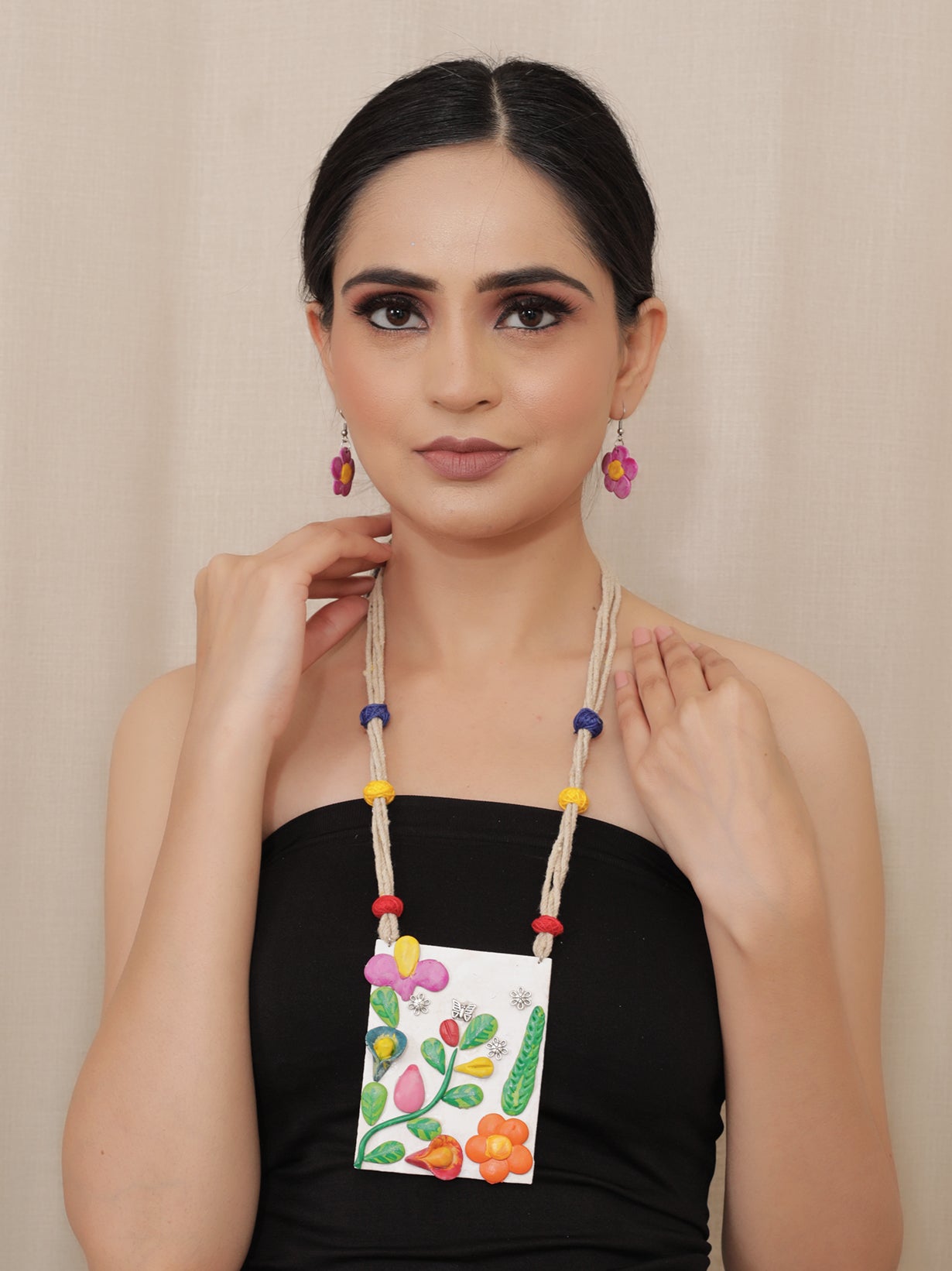 Hand-Painted Clay Flowers with Fabric Rope and Beads Necklace Set