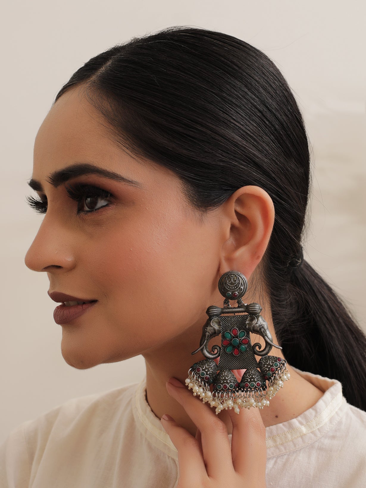 Red & Green Rhinestones Elephant Motif Elaborate Metal Earrings