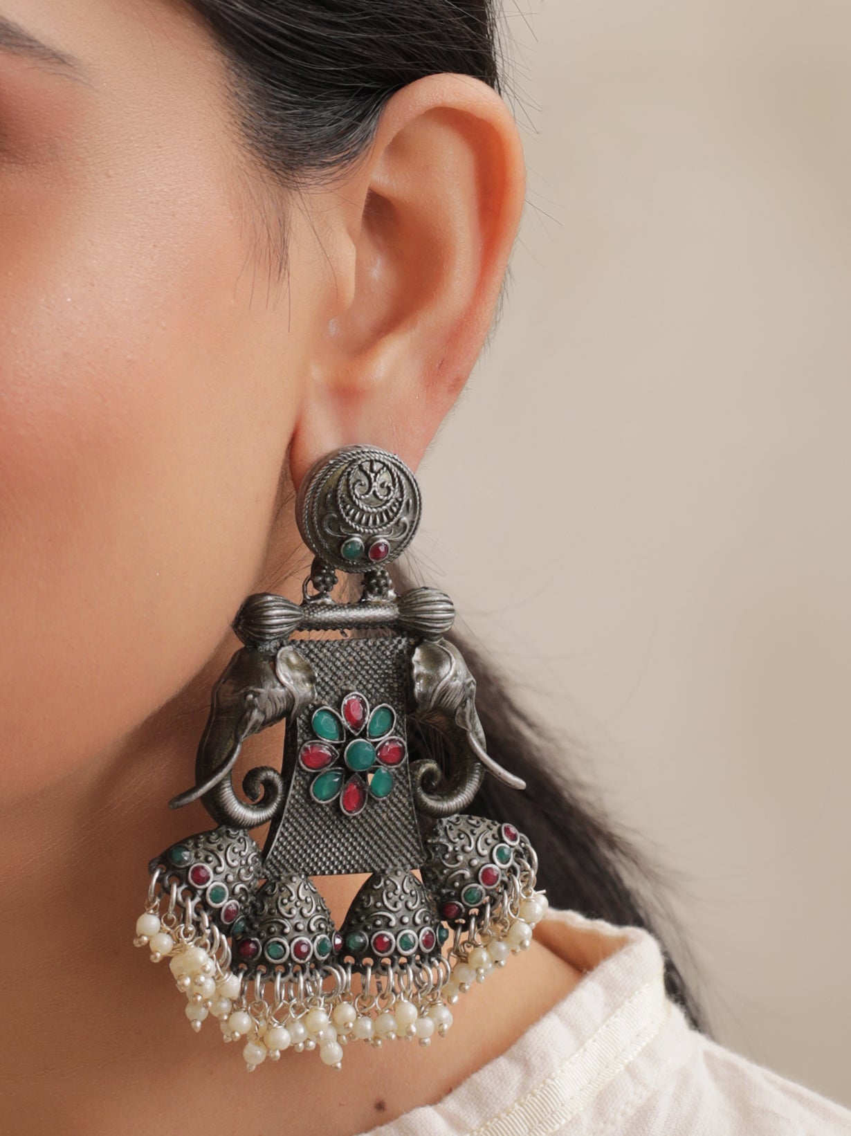 Red & Green Rhinestones Elephant Motif Elaborate Metal Earrings