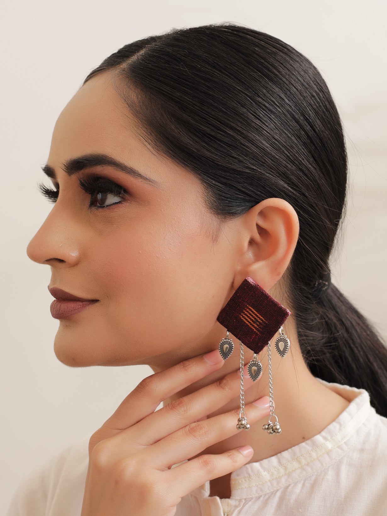 Maroon Ikat Fabric Earrings with Metal Chain Strings