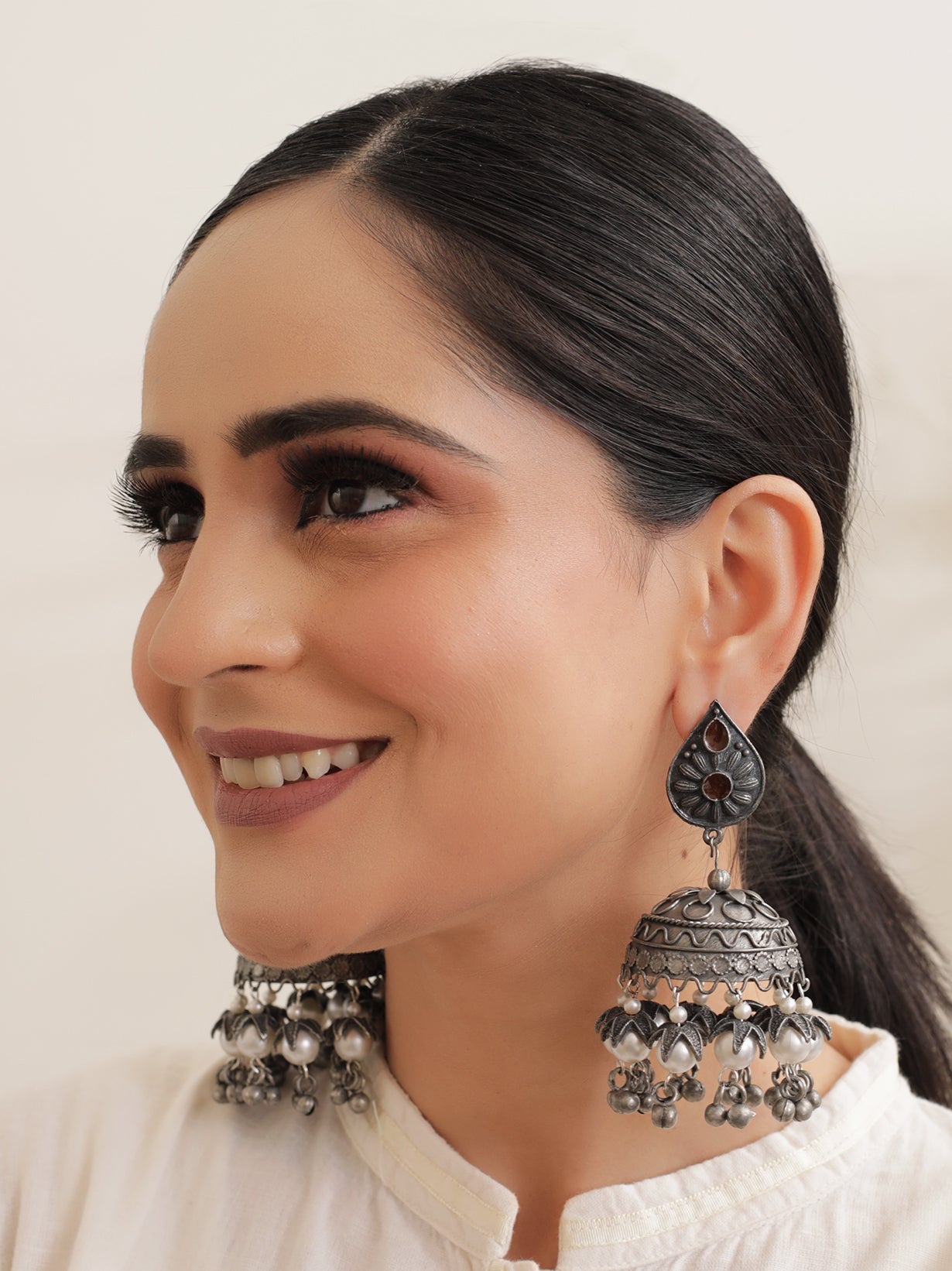 Long Dangler Jhumka Earrings with Rhinestones and White Beads