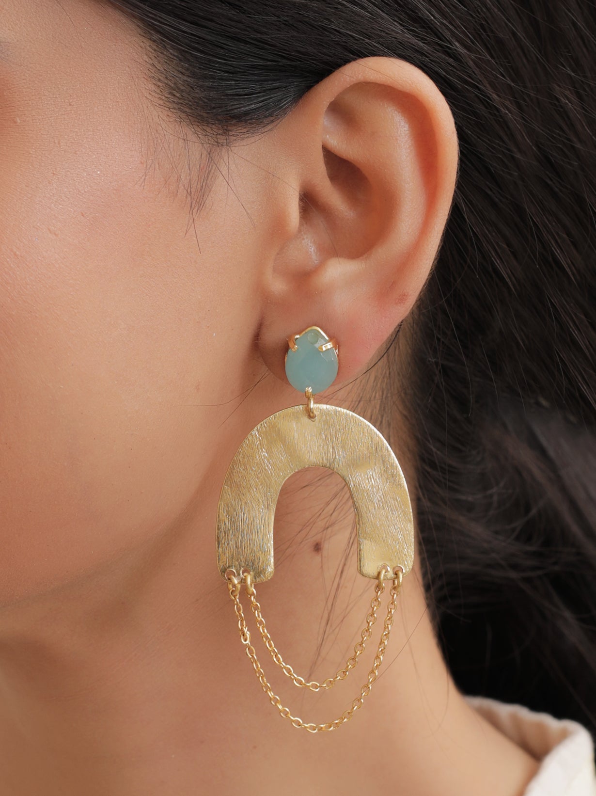 Horse Shoe Brass Earrings with Chain Strings and Turquoise Stone