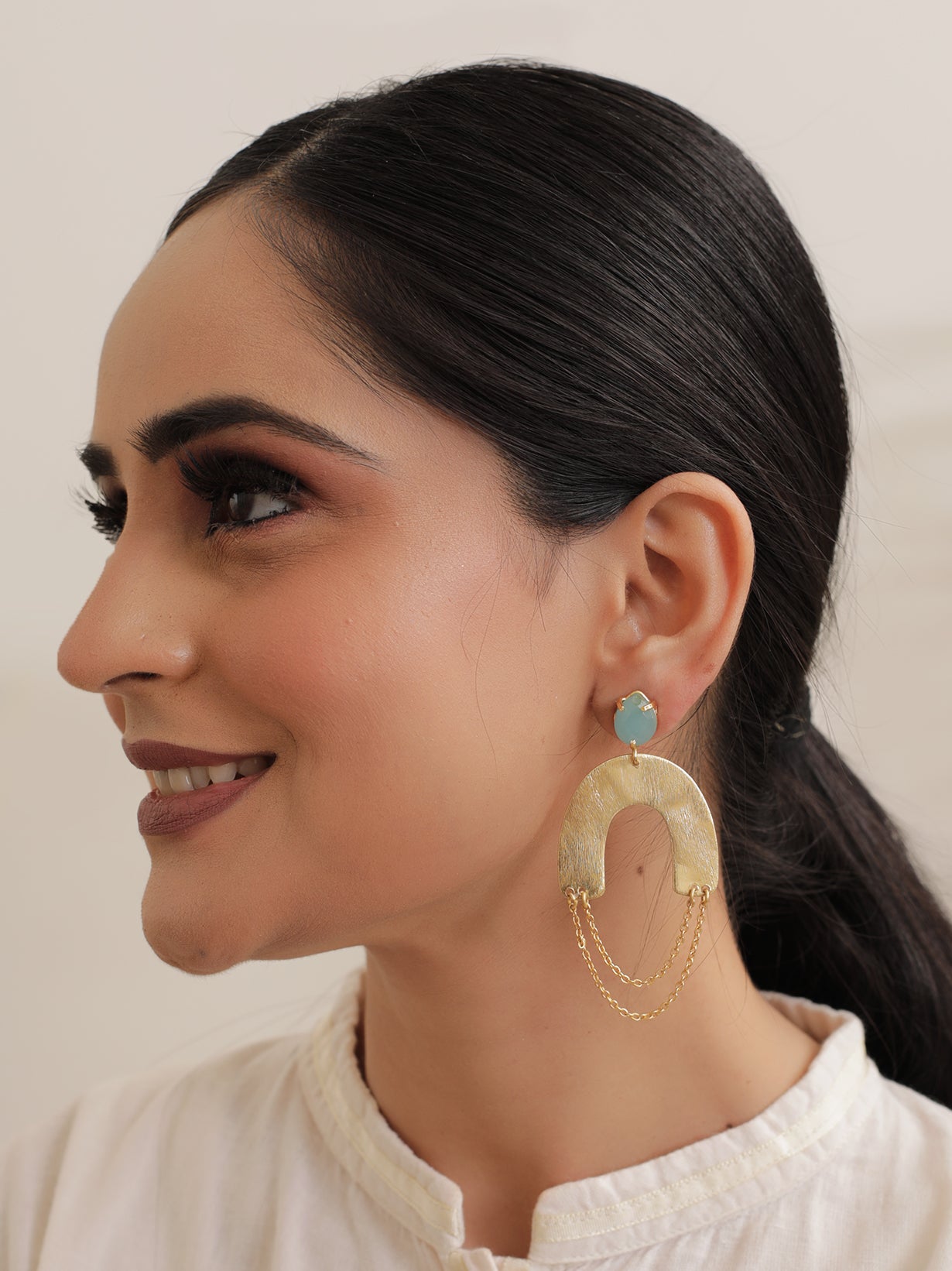 Horse Shoe Brass Earrings with Chain Strings and Turquoise Stone