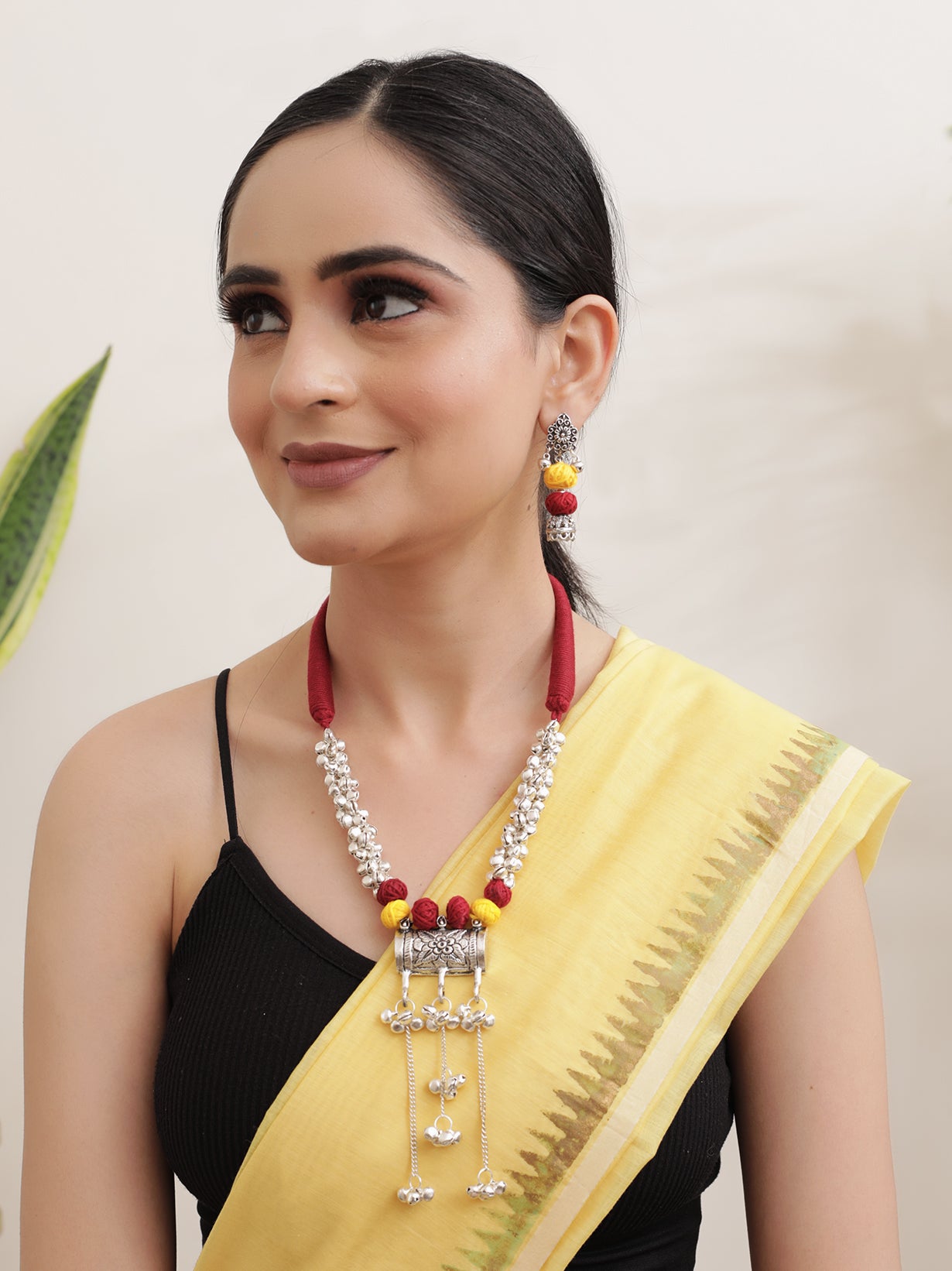 Fabric Beads and Metal Necklace Set with Dangler Earrings