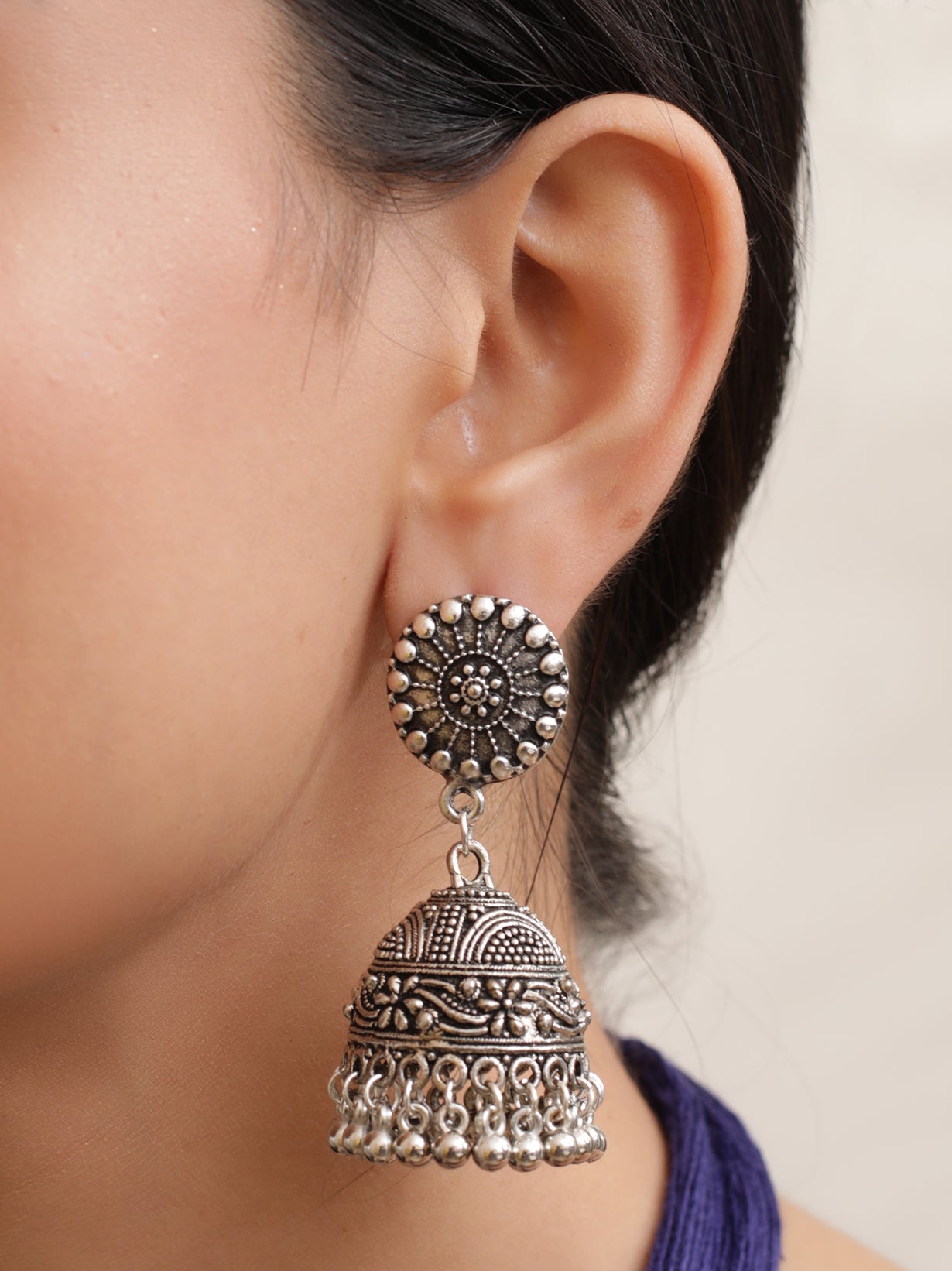 Thread Closure Necklace Set with Fabric Beads and Jhumka Earrings