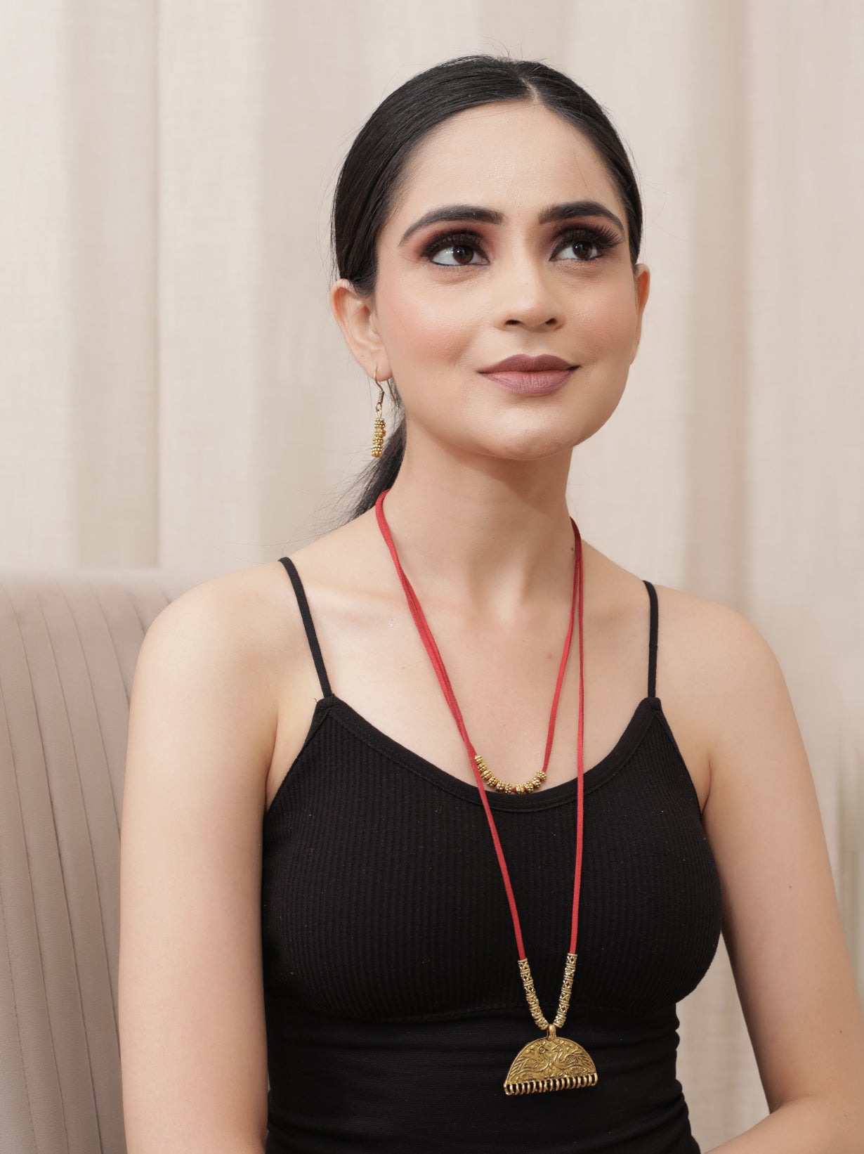 Minimal 2 Layer Necklace Set with Antique Gold Finish Metal Pendant