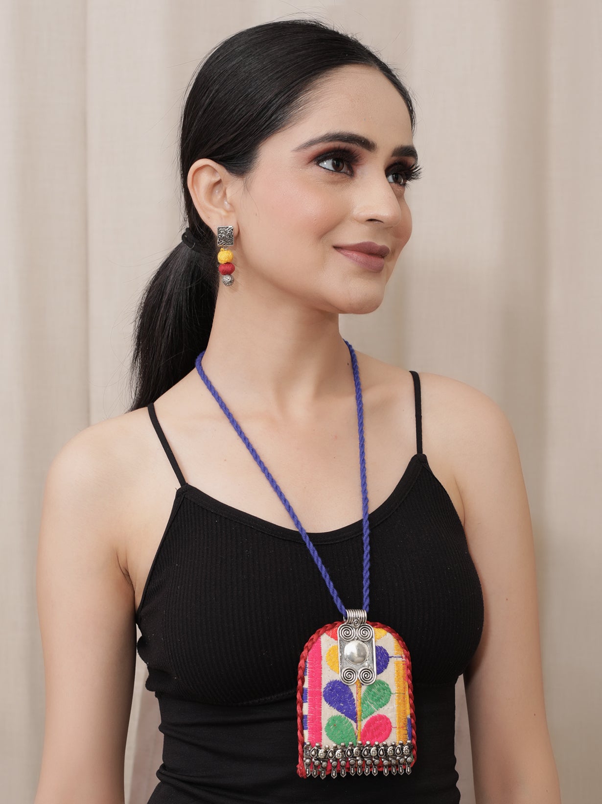 Hand Embroidered Fabric Necklace Set with Metal Accents