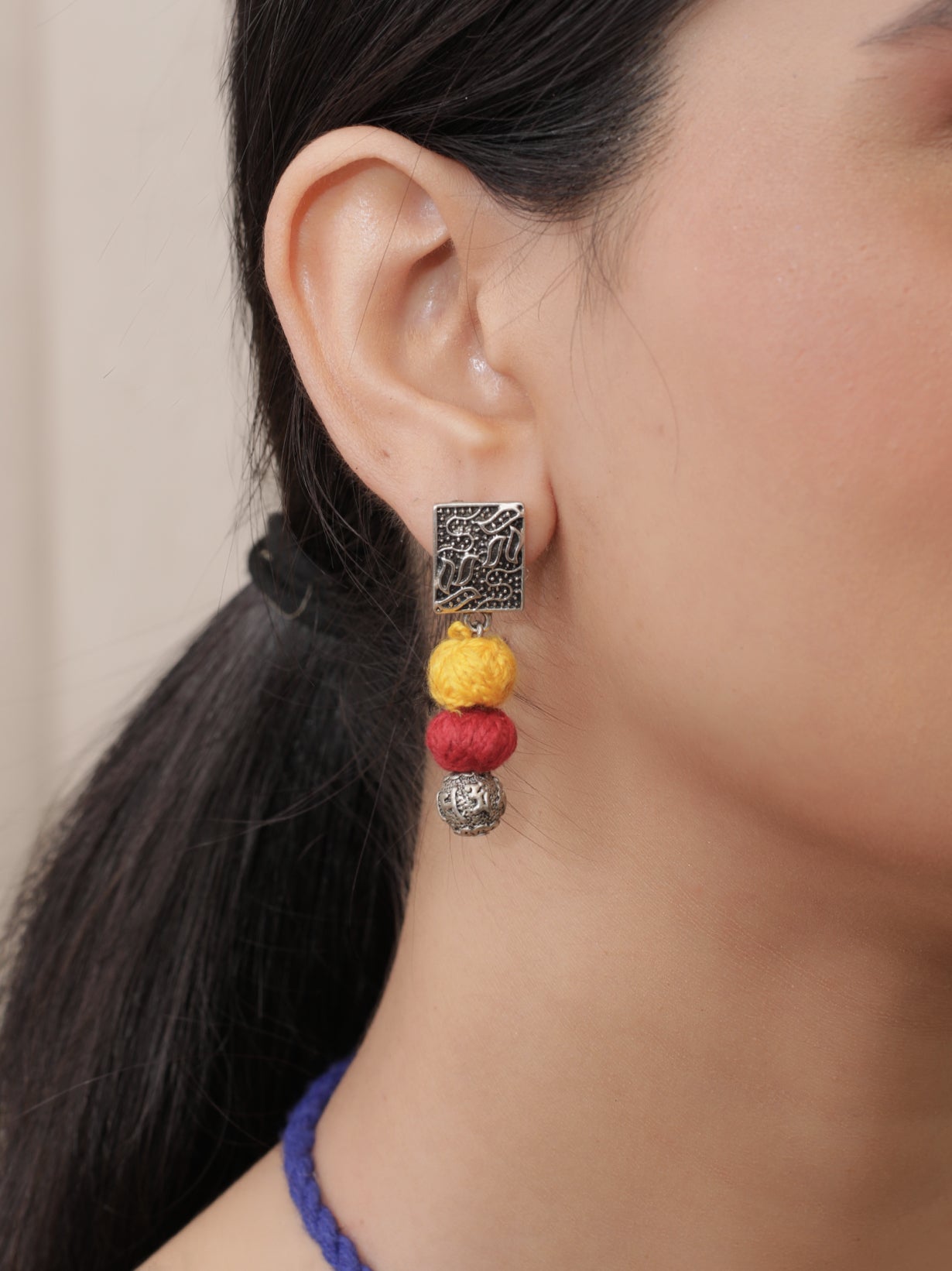 Hand Embroidered Fabric Necklace Set with Metal Accents