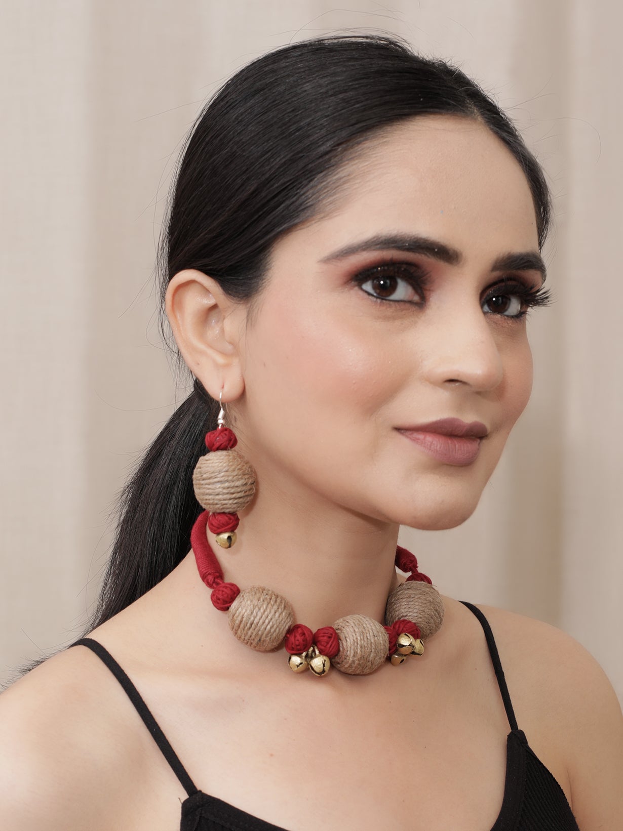 Fabric, Jute and Ghungroos Embellished Handcrafted Necklace Set