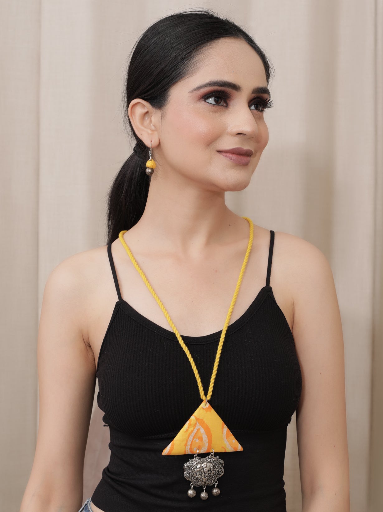 Sun Yellow Triangular Fabric Necklace Set with Metal Detailing