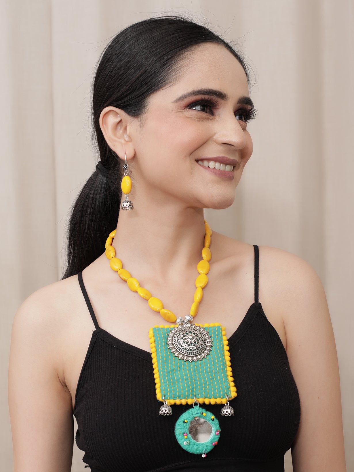 Green Kantha Work Necklace Set with Warrior Metal Pendant and Stones