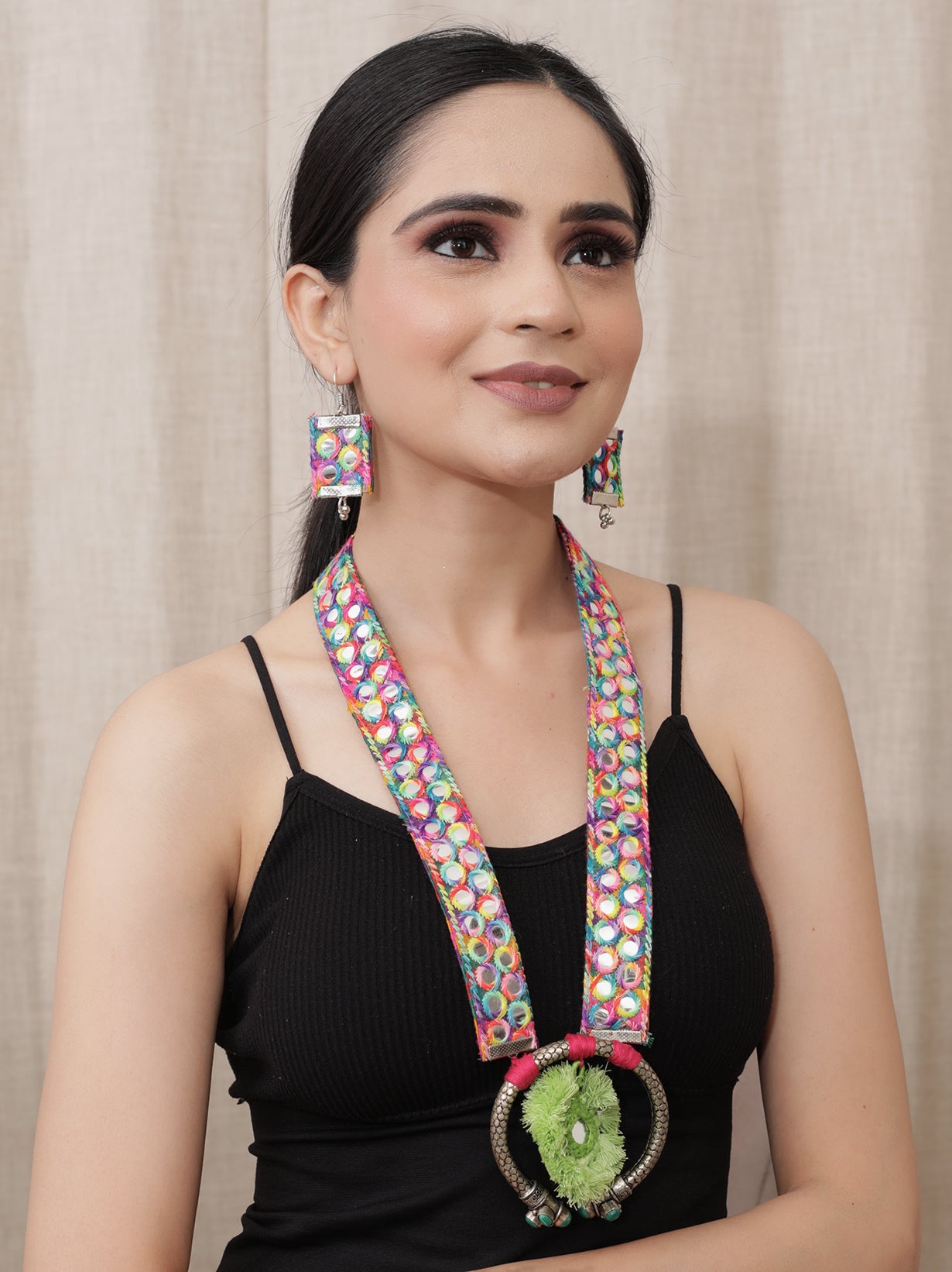 Fabric Necklace Set with Mirror Work and Statement Metal Pendant