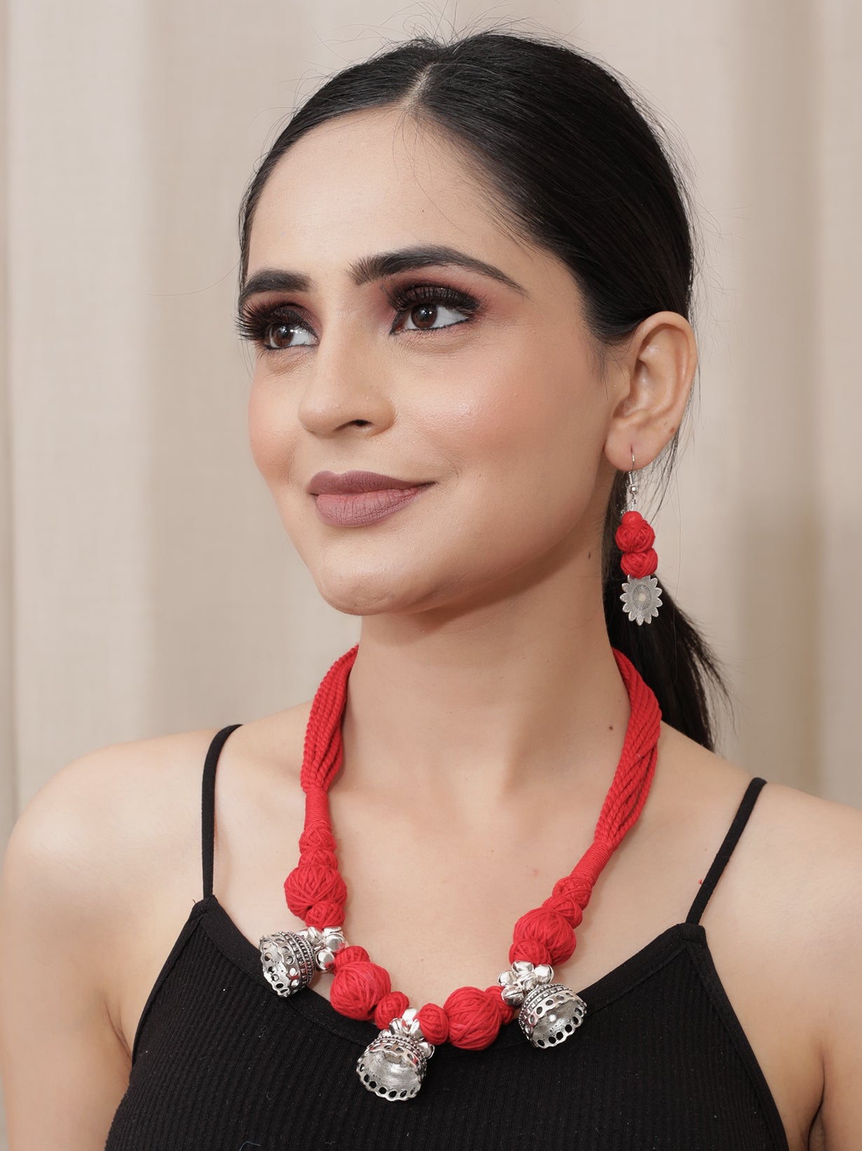 Red Braided Fabric Threads Necklace Set