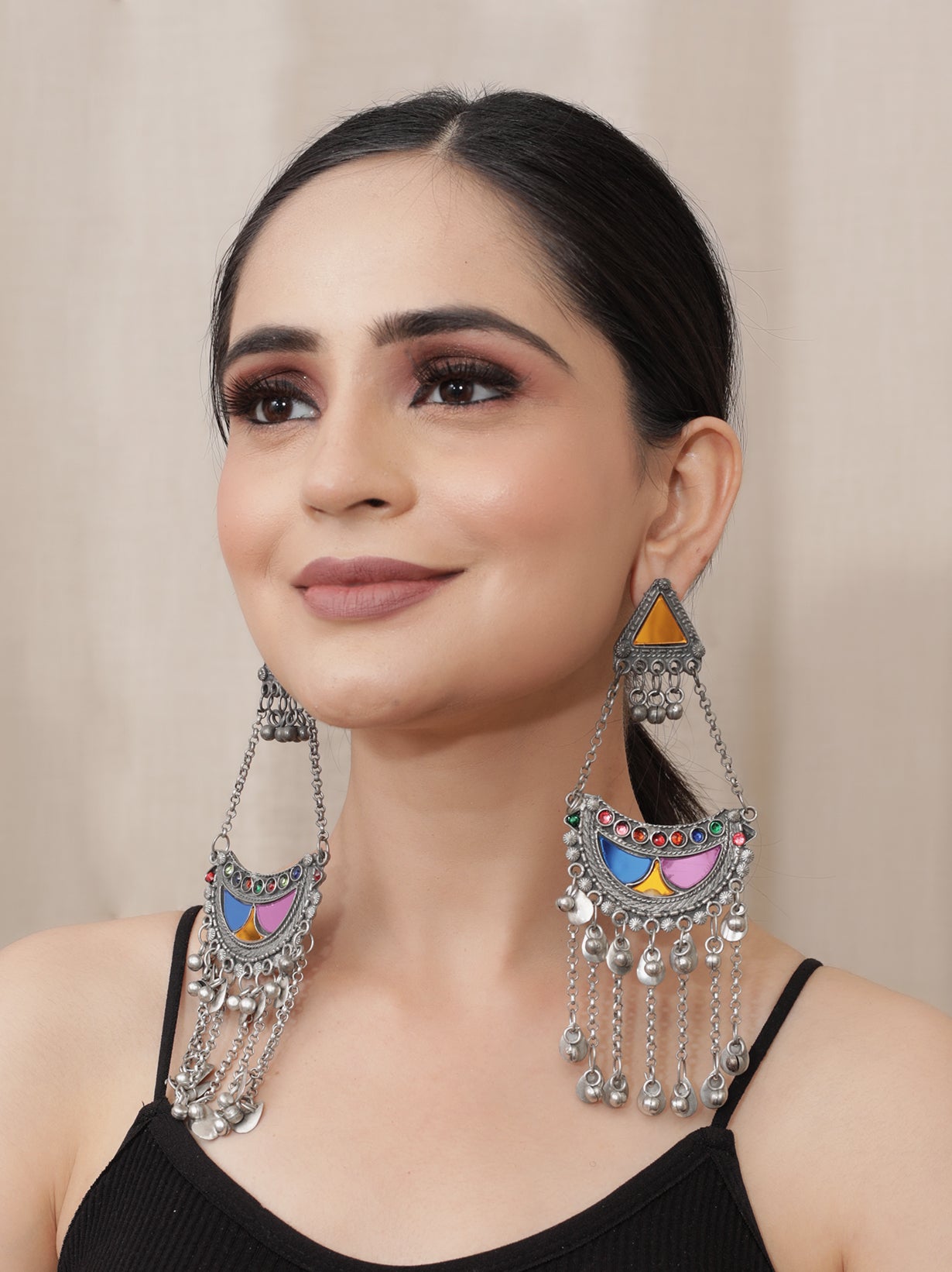 Long Half Moon Metal Strings Afghani Earrings