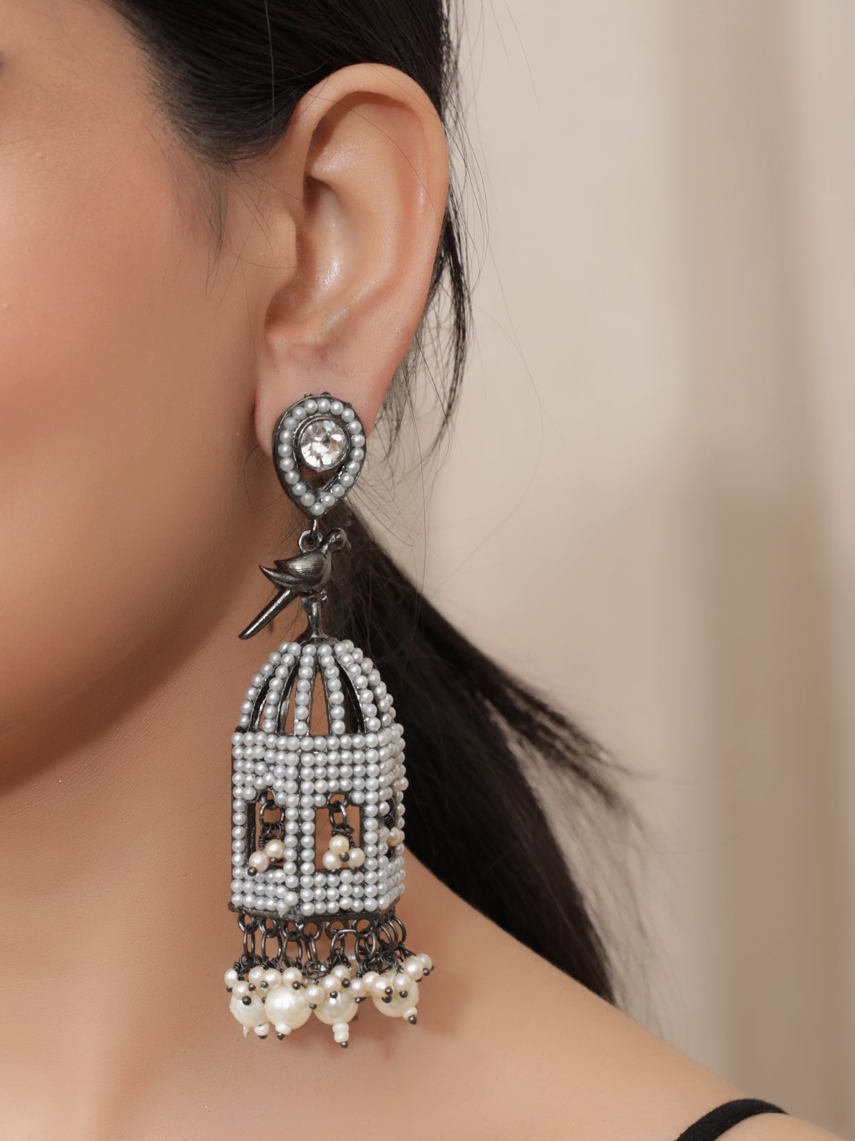 Mahal Shape Jhumka Earrings with White Beads