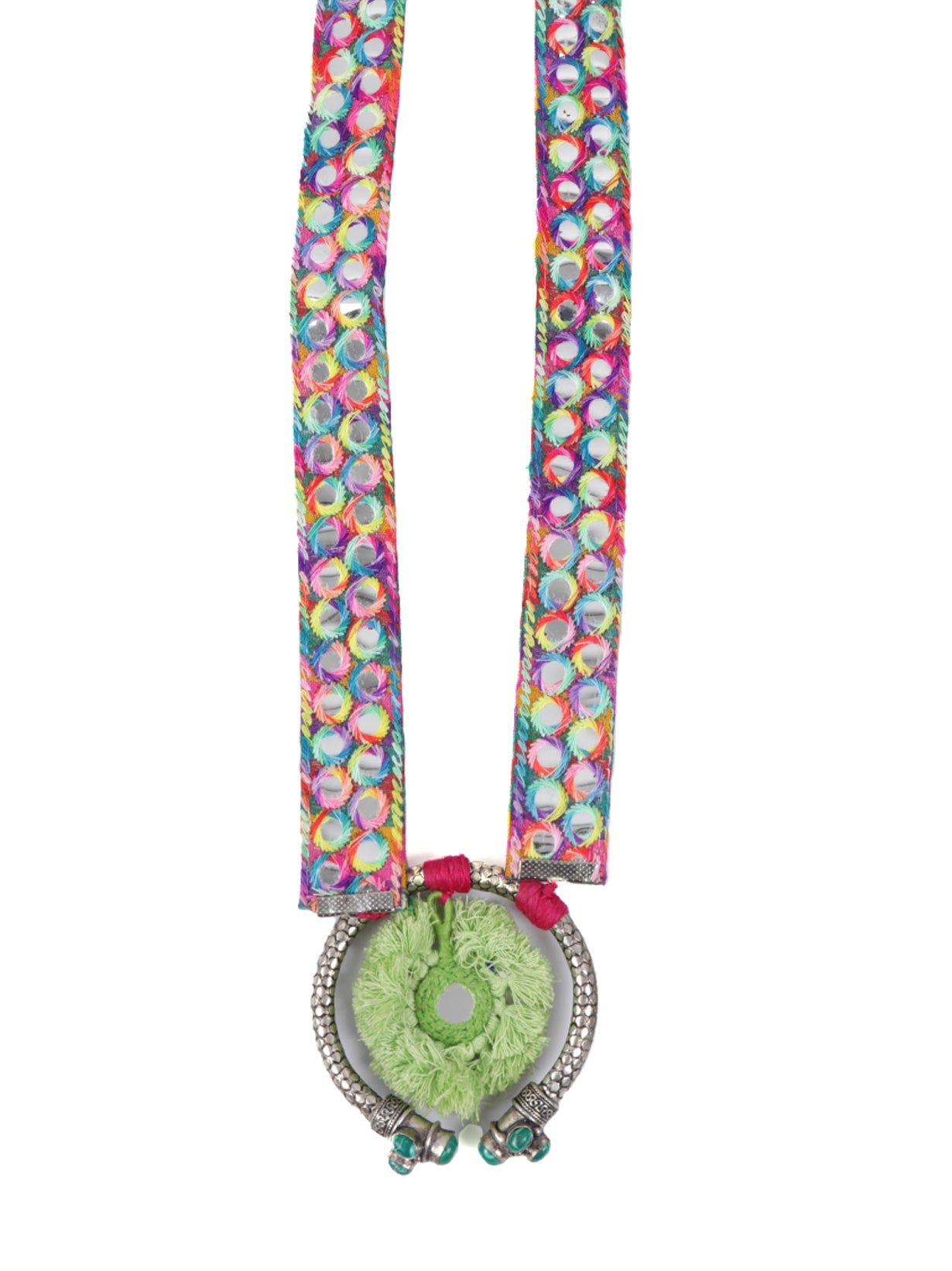 Fabric Necklace Set with Mirror Work and Statement Metal Pendant