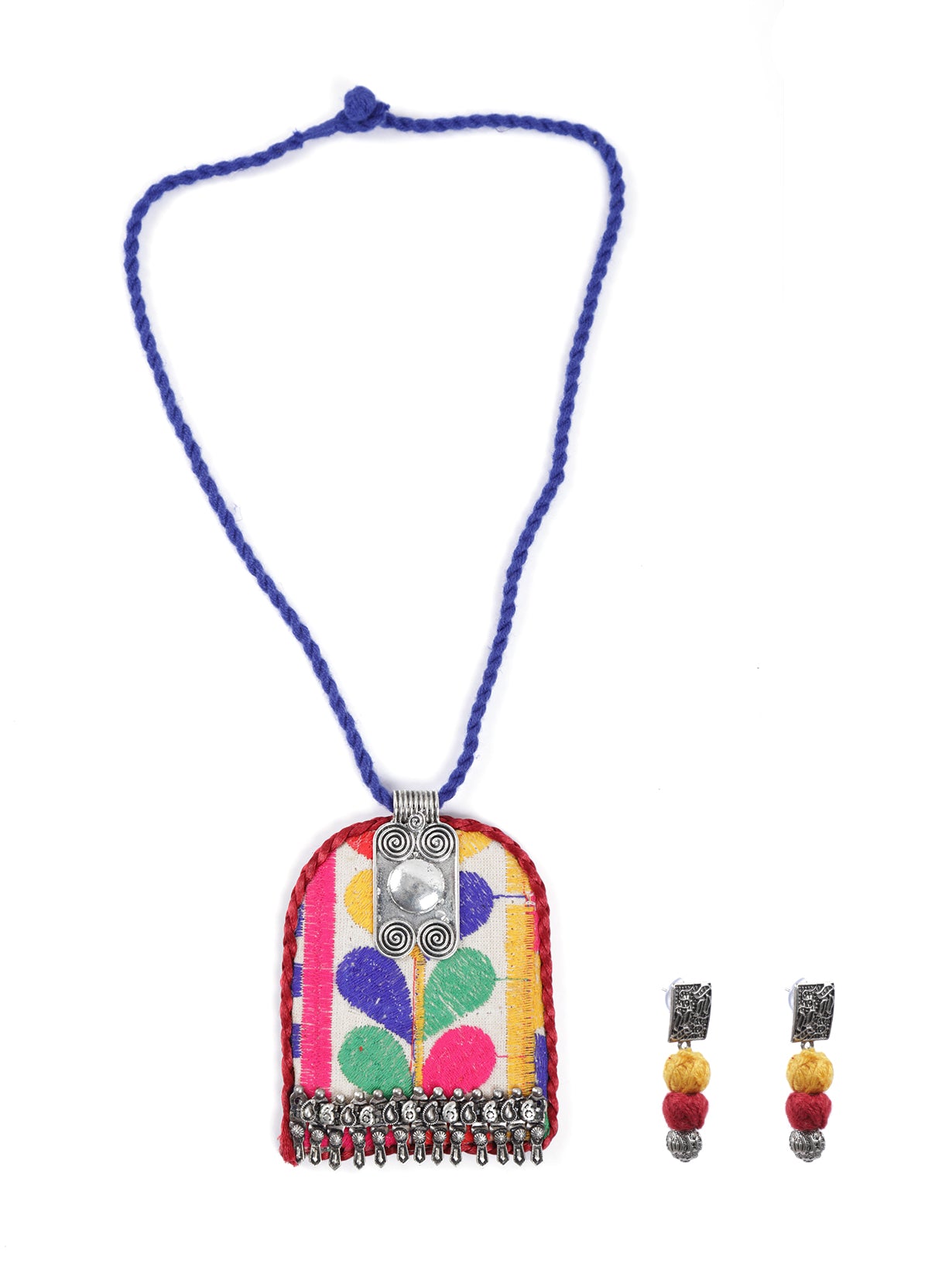 Hand Embroidered Fabric Necklace Set with Metal Accents