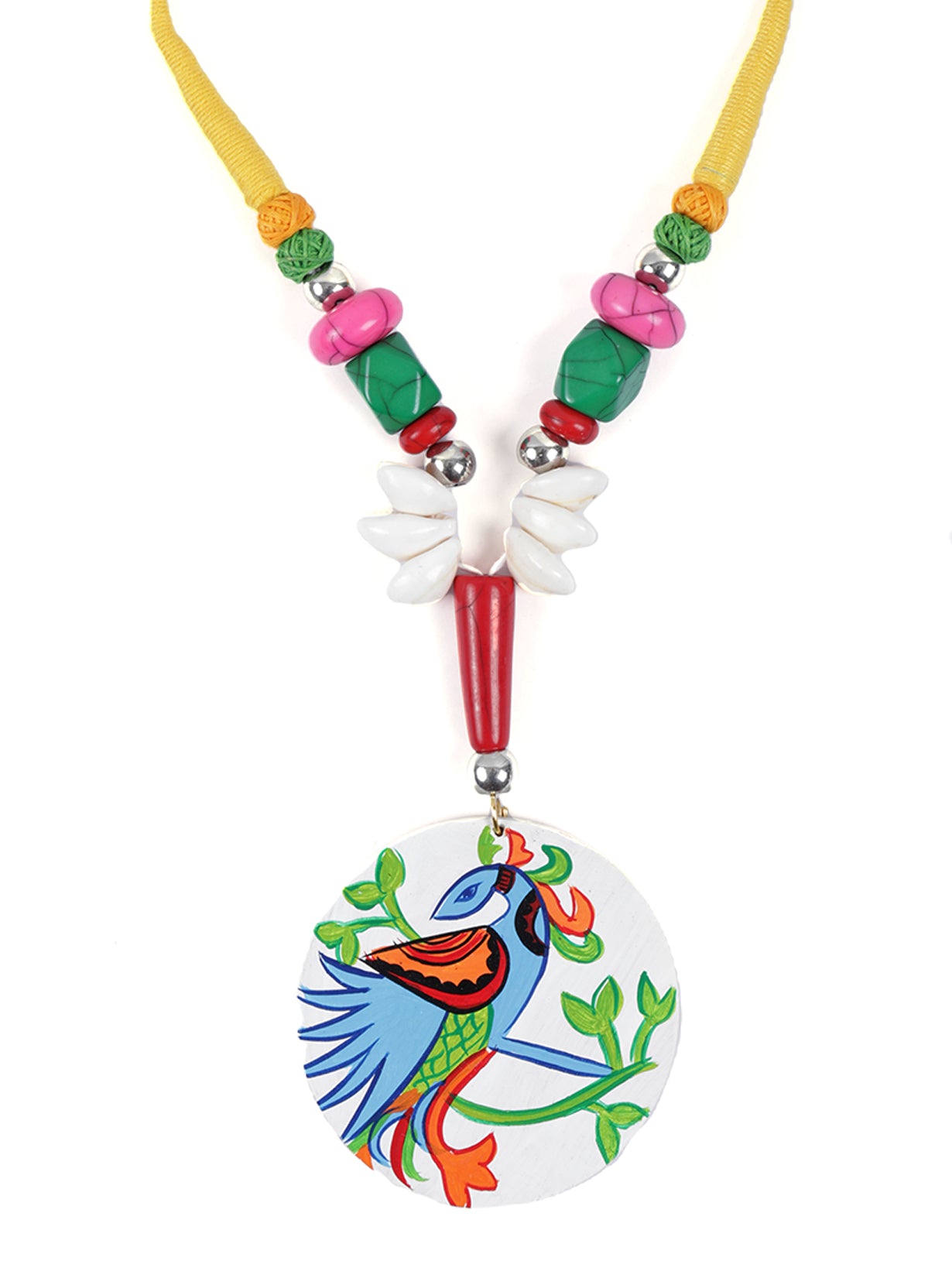 Hand Painted Peacock Wooden Necklace Set with Shells and Thread Closure