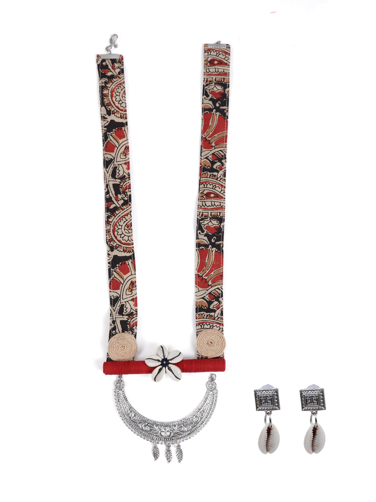 Kalamkari Fabric, Jute and Shells Statement Long Necklace Set