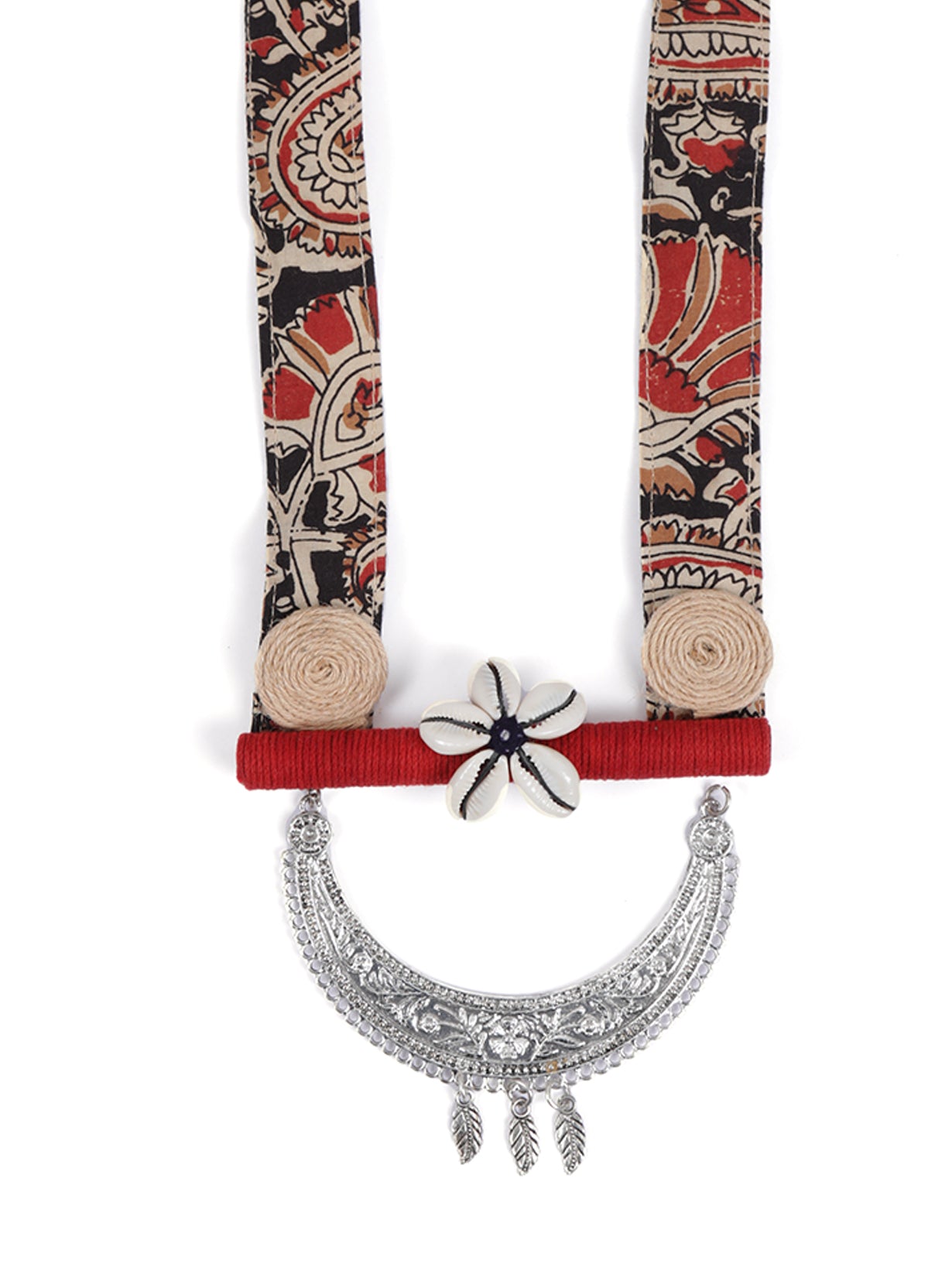 Kalamkari Fabric, Jute and Shells Statement Long Necklace Set