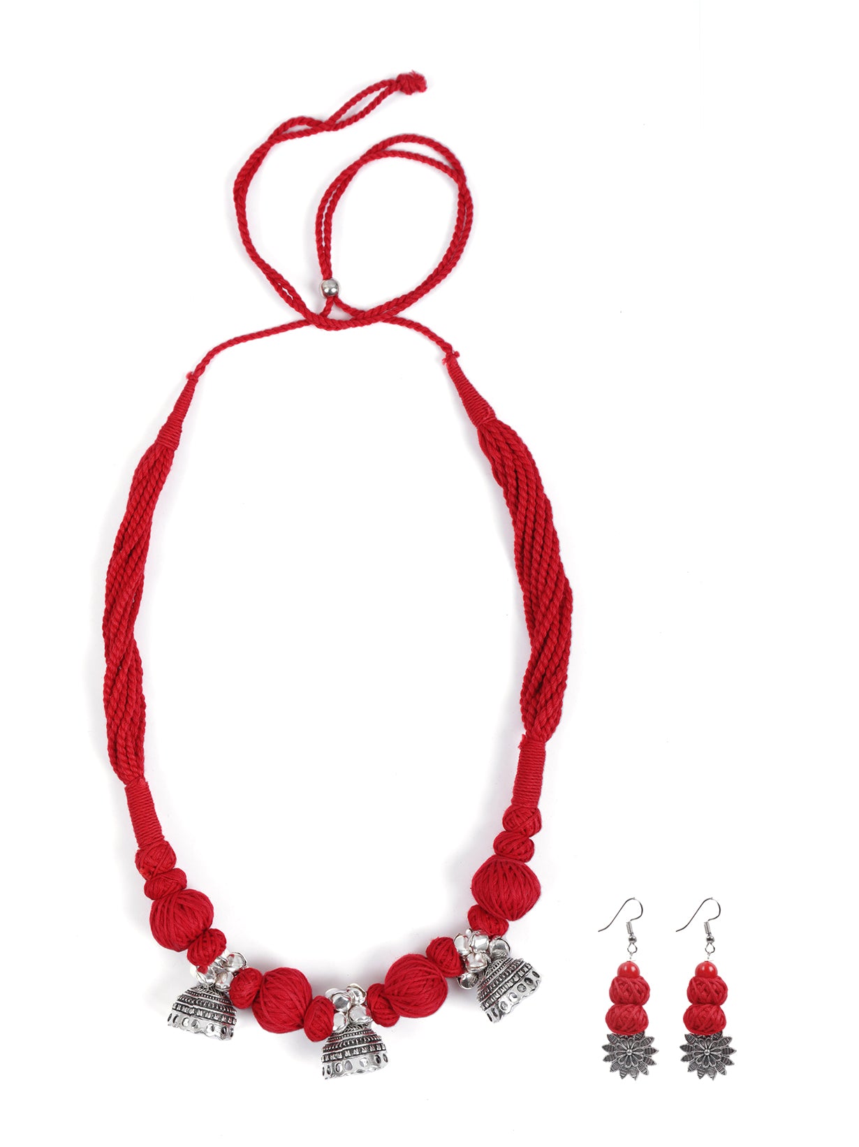 Red Braided Fabric Threads Necklace Set