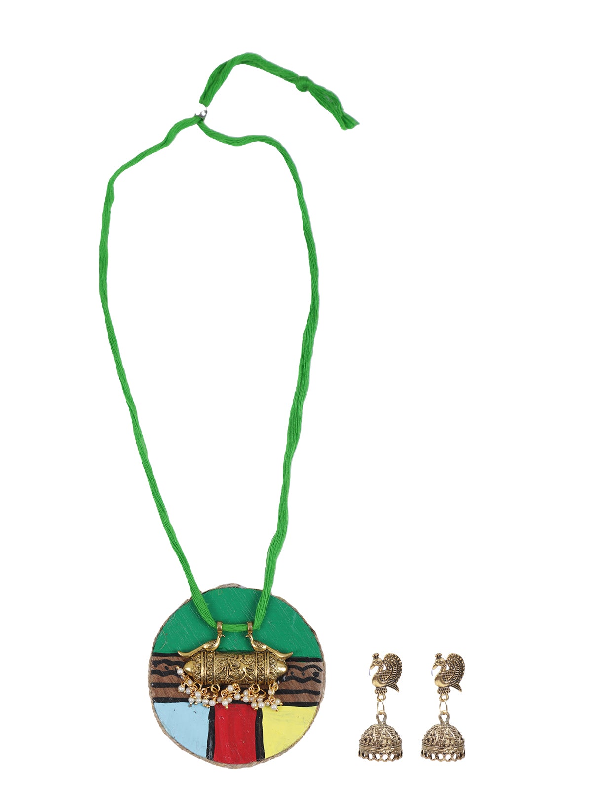 Wooden Pendant Fabric Closure Necklace Set with Antique Gold Finish Earrings